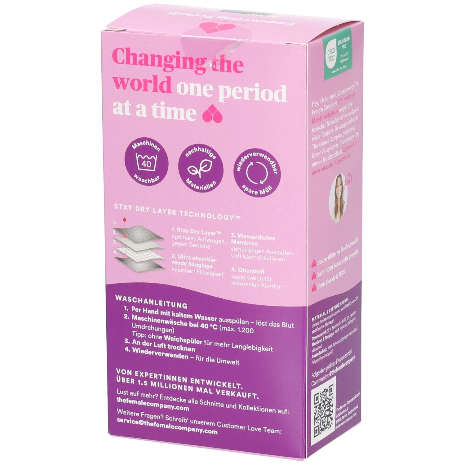 Rückseite der rosa Verpackung. Waschhinweise und Informationen zur Stay Dry Layer Technologie. The Female Company Logo.