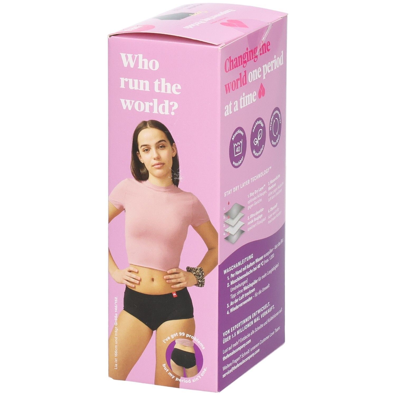 Rosa Verpackung mit Period Hipster Teens. Frau trägt schwarze Periodenunterwäsche. Text: Who run the world? The Female Company.