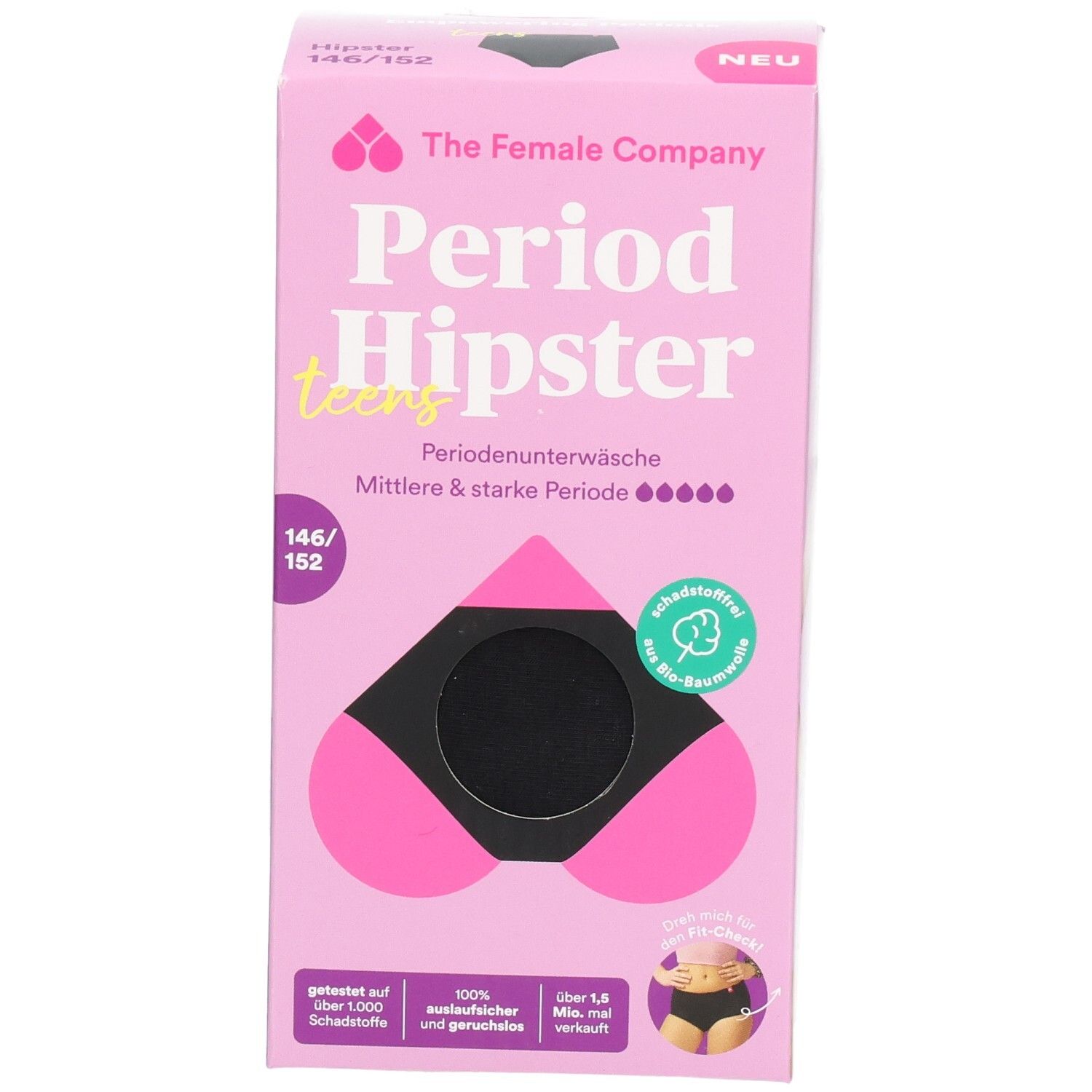 Rosa Verpackung mit Period Hipster Teens. Schwarze Periodenunterwäsche ist sichtbar. Größe 146-152. Marke: The Female Company.