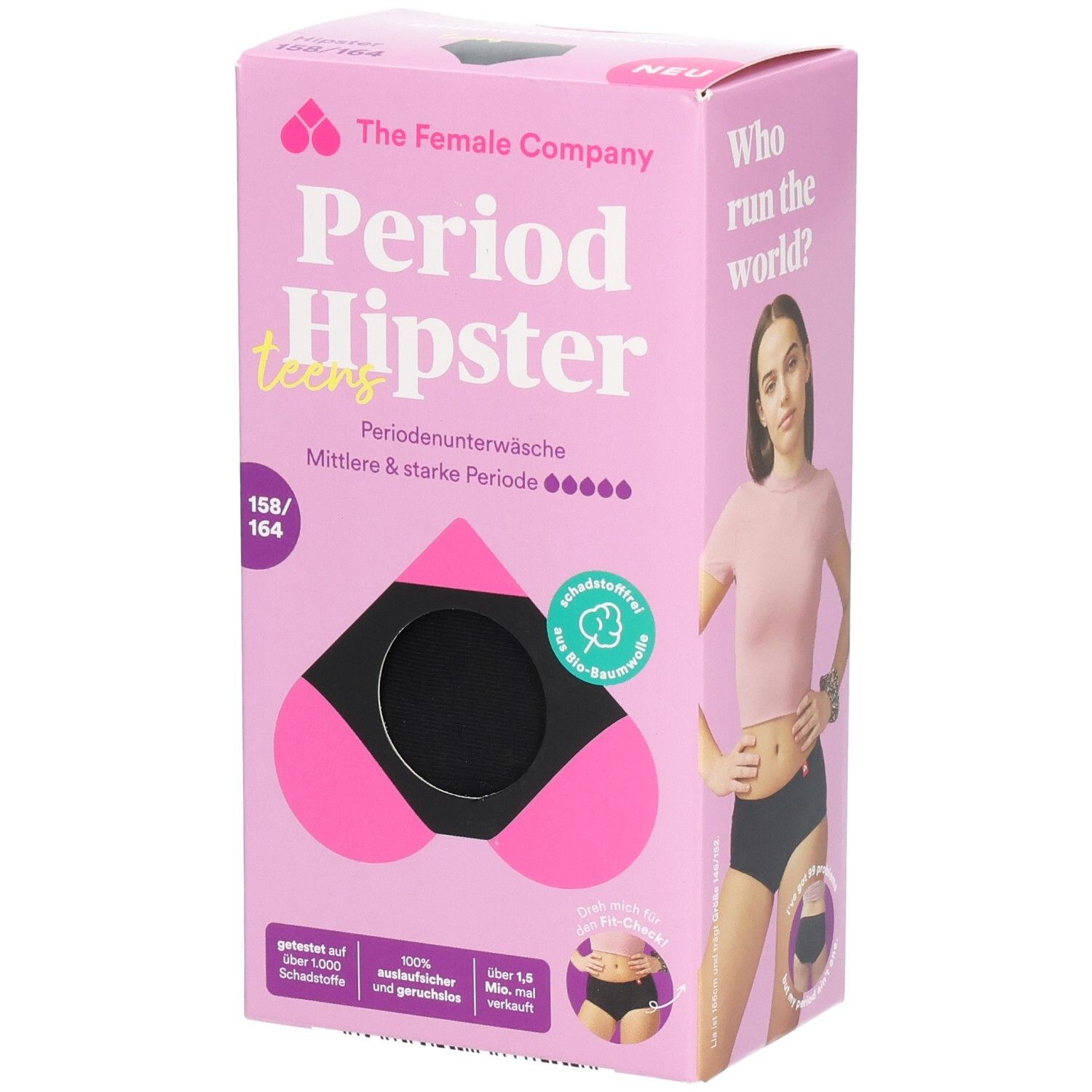 Verpackung der Periodenunterwäsche. Rosa Box mit Produktabbildung. Schwarze Hipster-Unterhose. Größe 158/164. Marke: The Female Company.