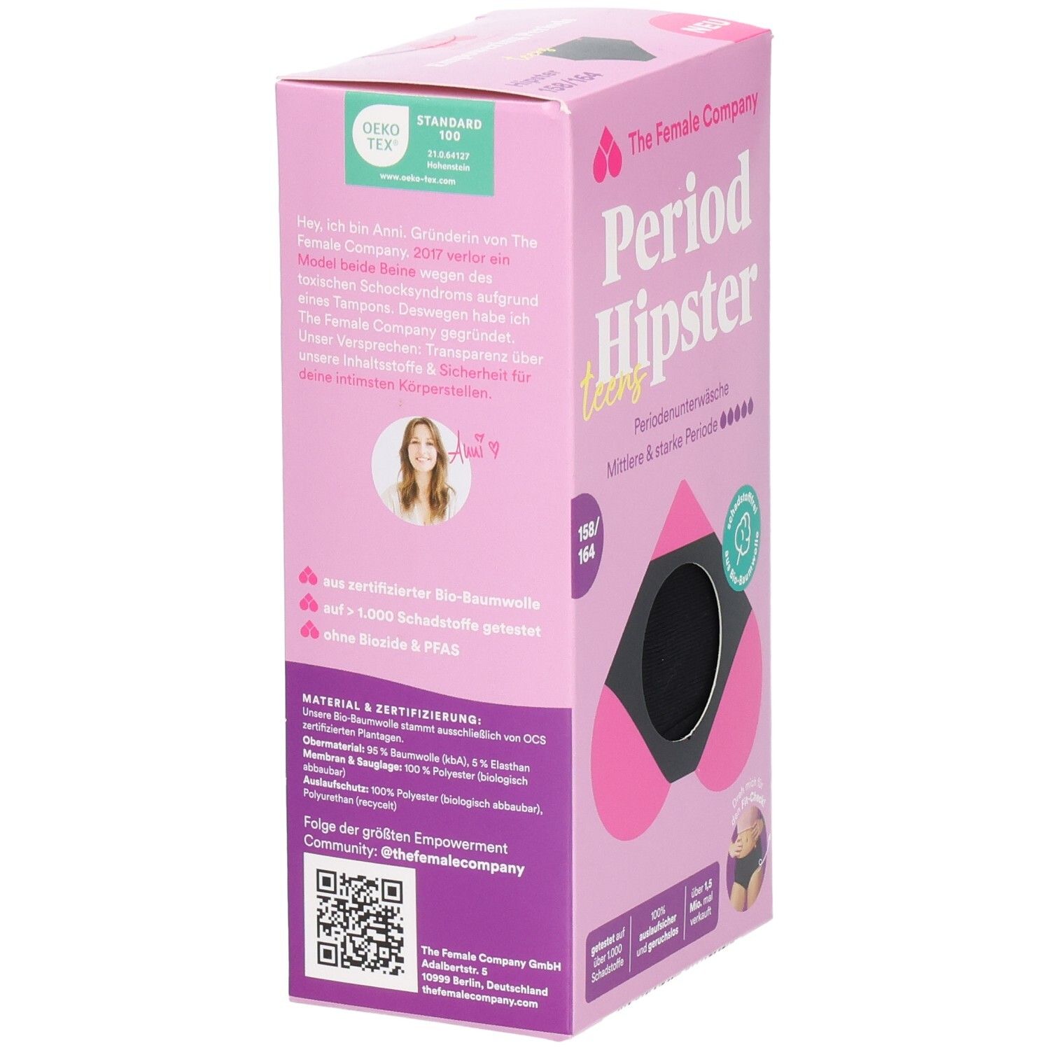 Verpackung der Periodenunterwäsche. Rosa Box mit Text und Logo. Oeko-Tex-Zertifizierung. Schwarze Hipster-Unterhose. Größe 158/164. Marke: The Female Company.
