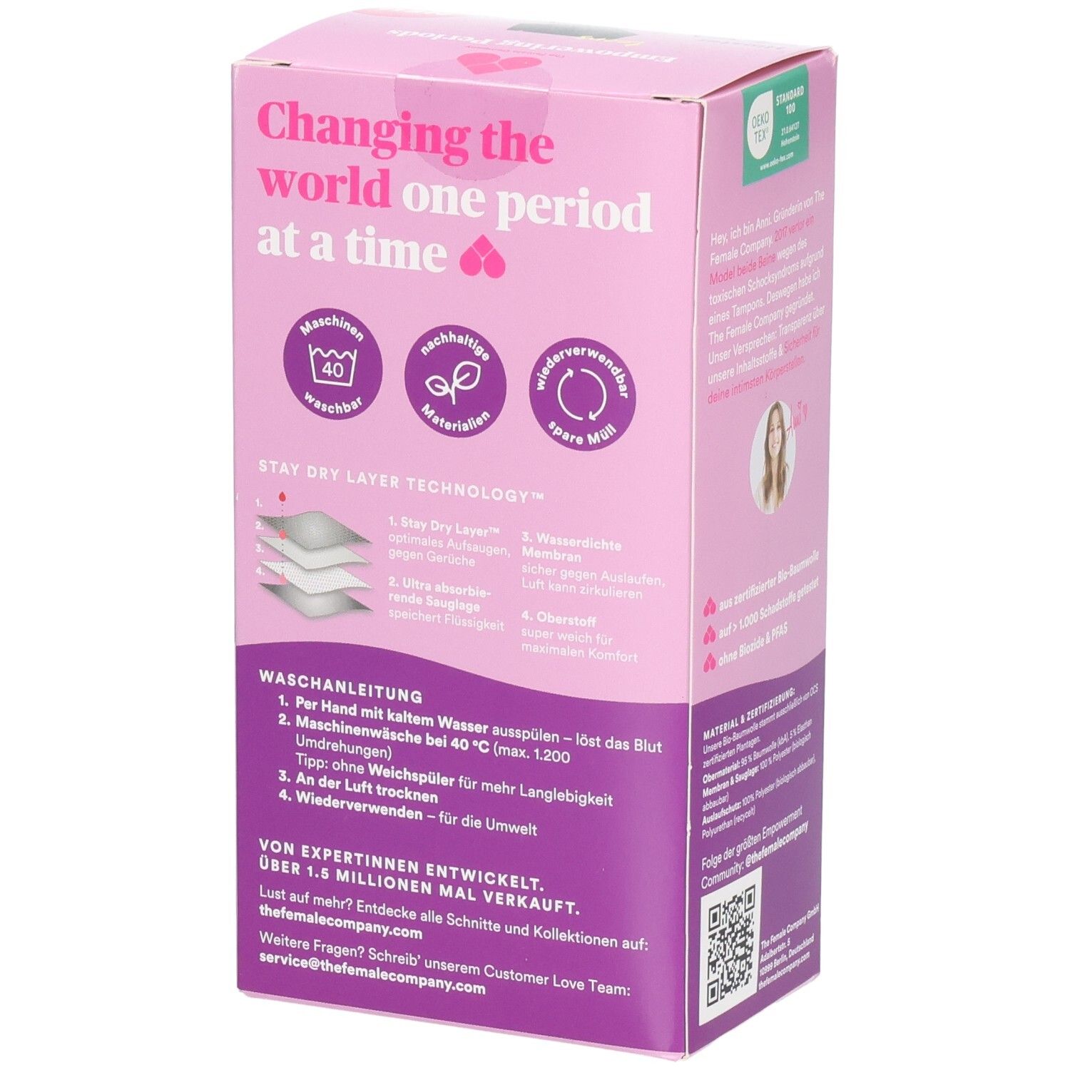 Rückseite der Verpackung. Rosa Box mit Waschhinweisen und Technologie-Diagramm. Marke: The Female Company. Text: Stay Dry Layer Technology.