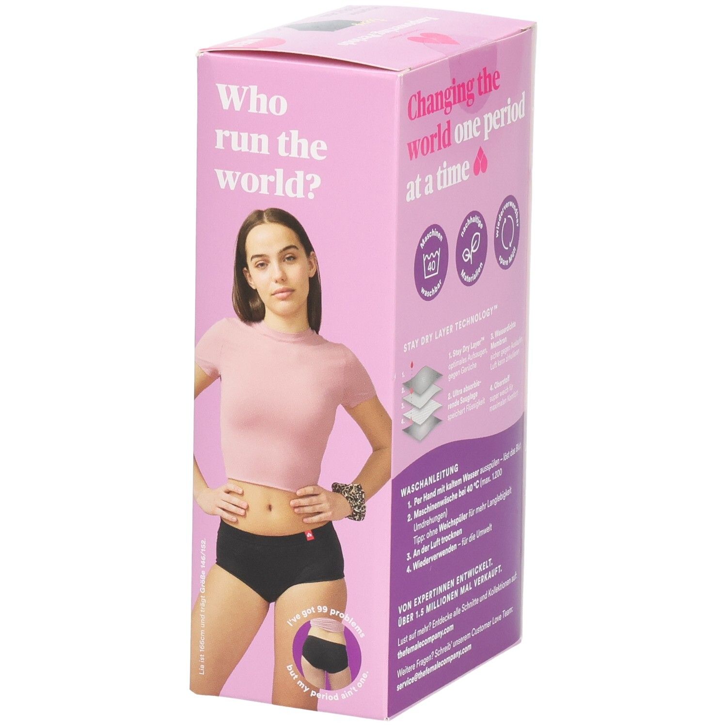 Verpackung der Periodenunterwäsche. Rosa Box mit Model. Schwarze Hipster-Unterhose. Größe 158/164. Marke: The Female Company. Text: Who run the world?