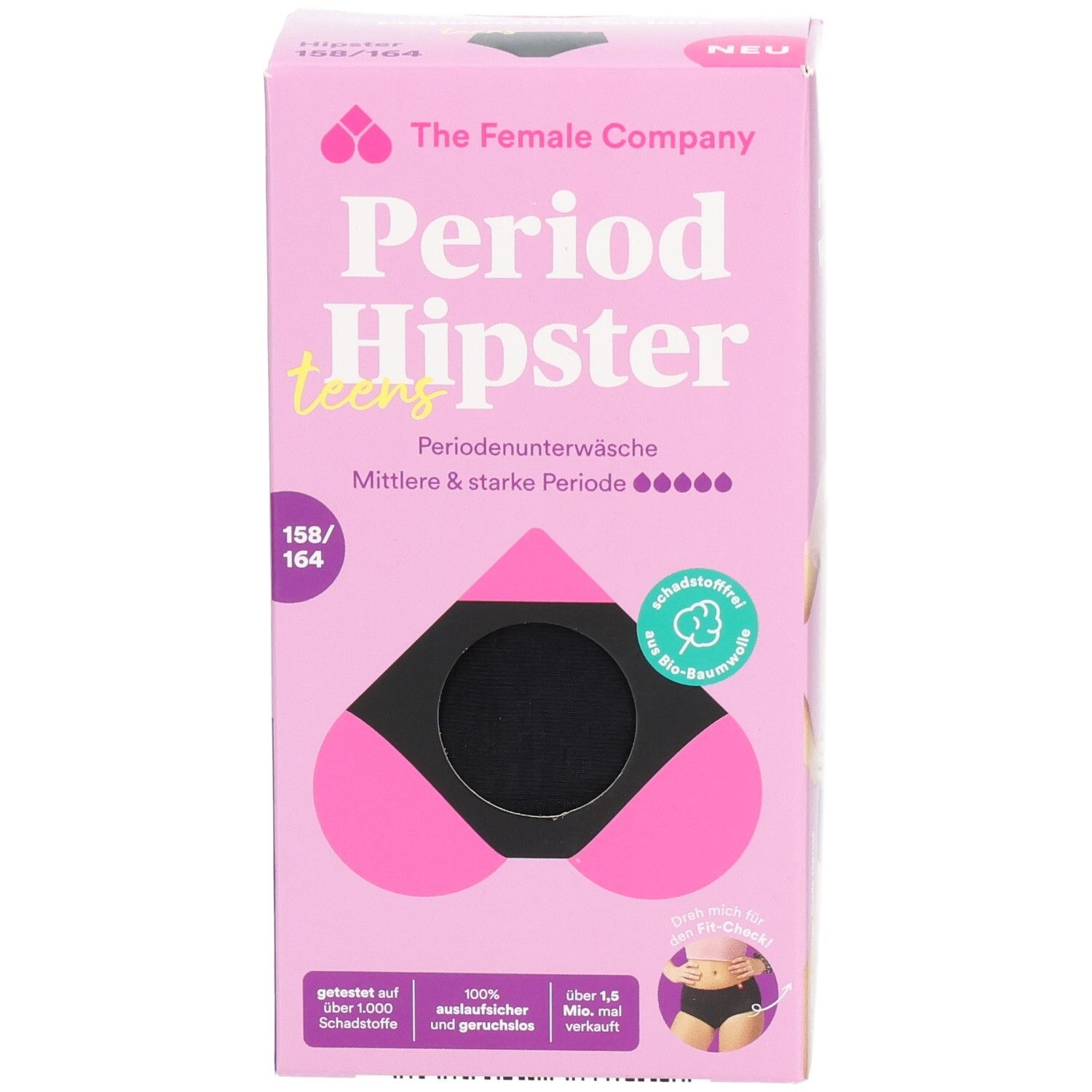 Verpackung der Periodenunterwäsche. Rosa Box mit Produktabbildung. Schwarze Hipster-Unterhose. Größe 158/164. Marke: The Female Company. Text: Period Hipster teens.