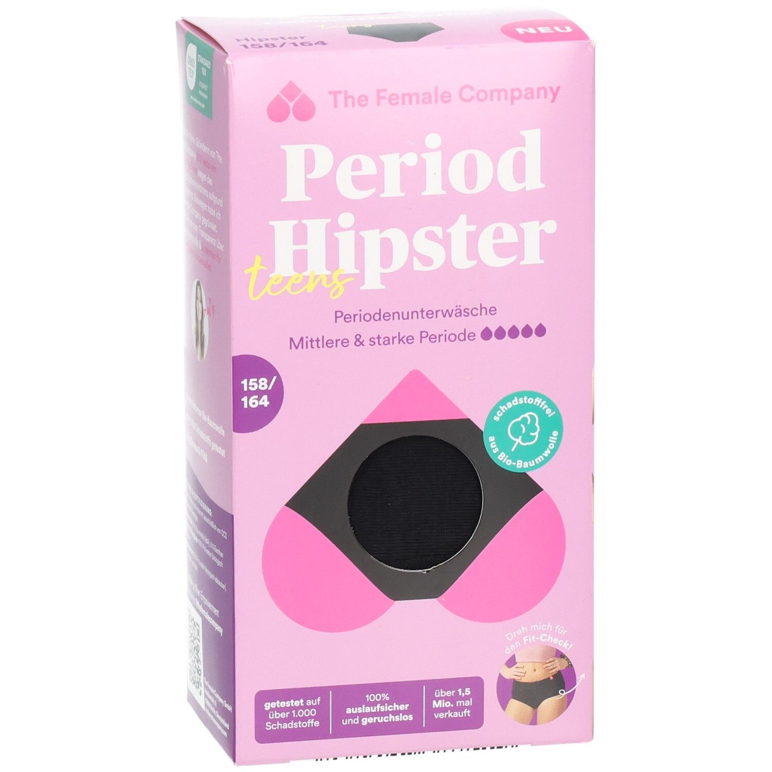 Verpackung der Periodenunterwäsche. Rosa Box mit Produktabbildung. Schwarze Hipster-Unterhose. Größe 158/164. Marke: The Female Company. Text: Period Hipster teens.