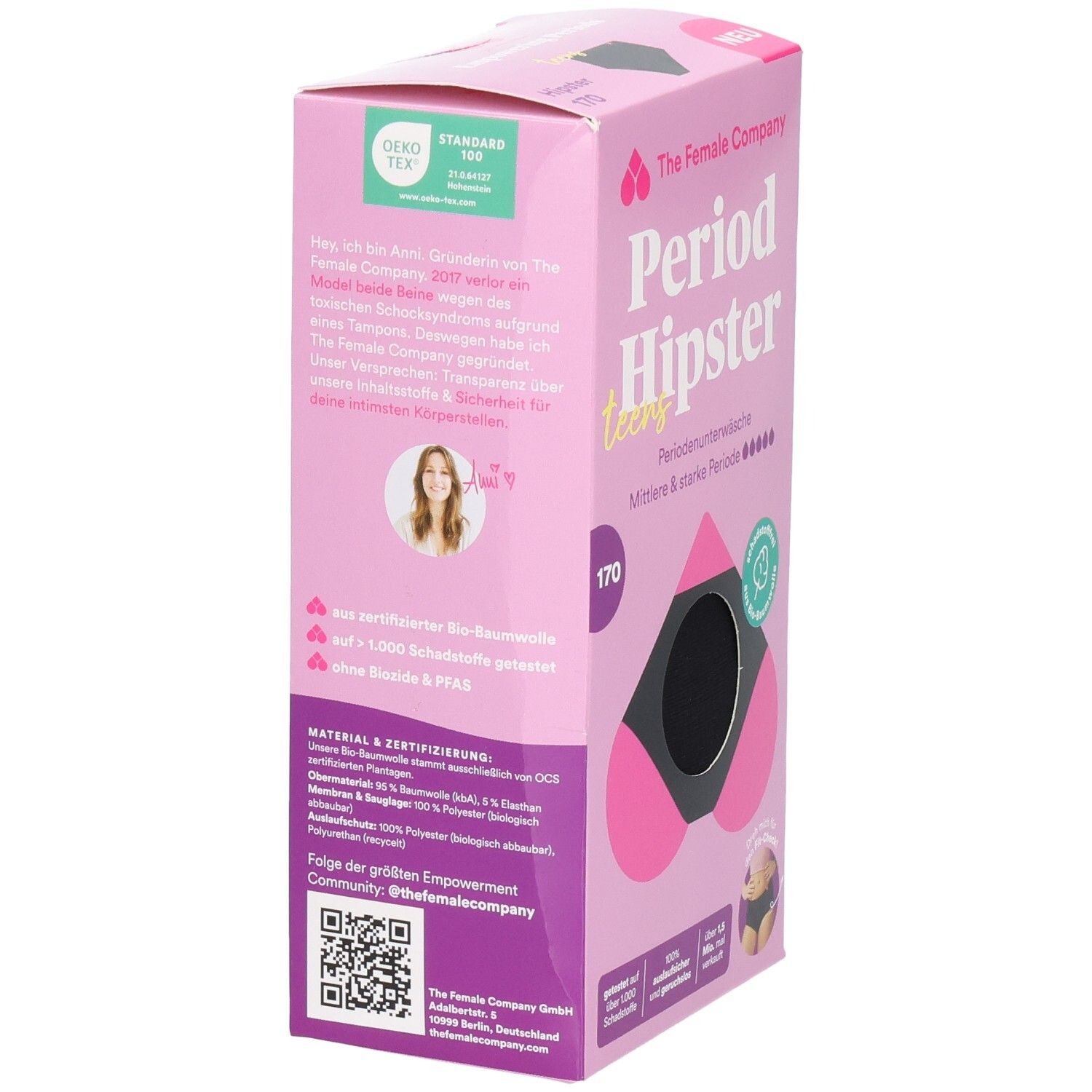 Verpackung der Periodenunterwäsche. Rosa Box mit Text und Zertifizierungen. Schwarze Unterwäsche im Fenster.