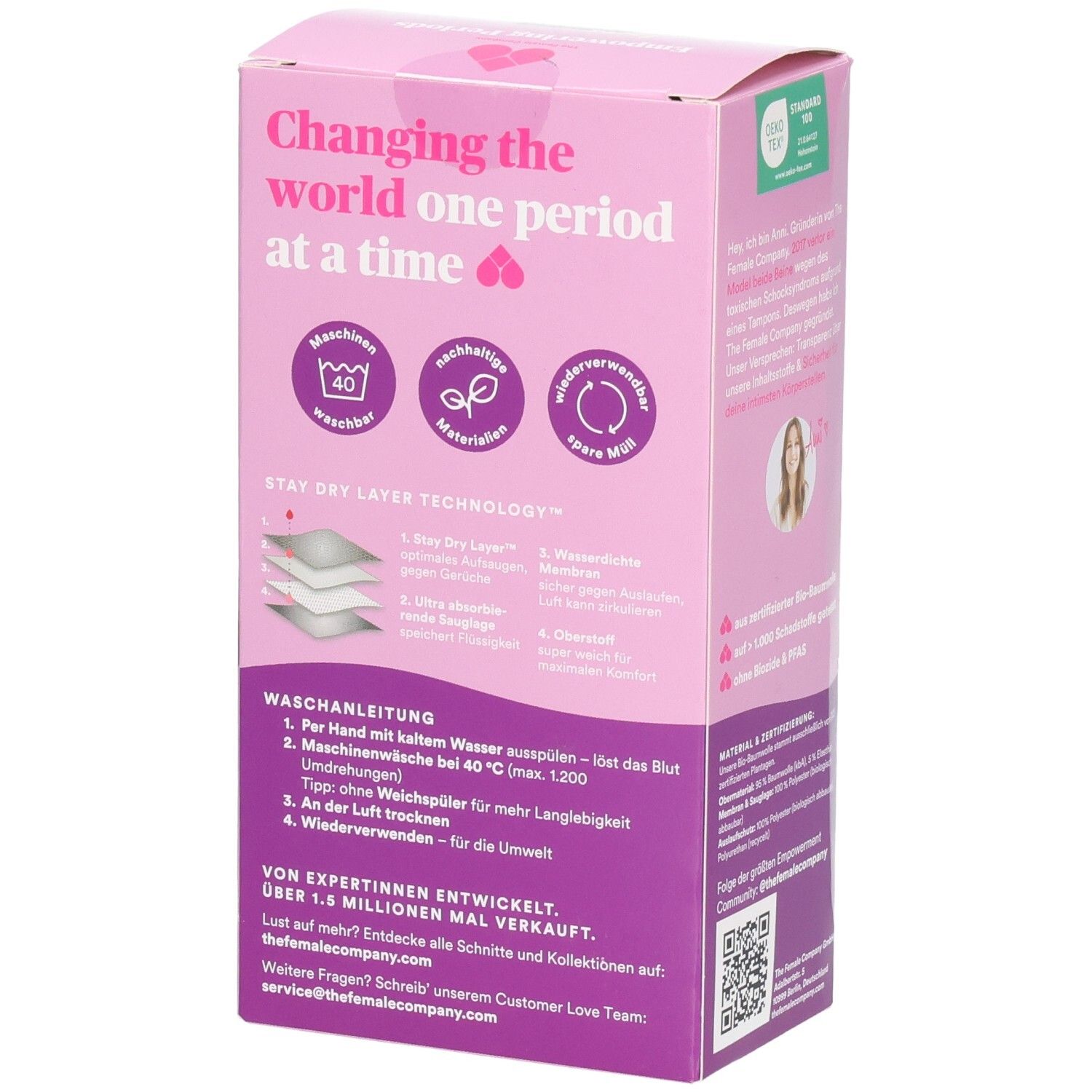 Rückseite der Verpackung. Rosa Box mit Text und Symbolen. Waschhinweise und Informationen.