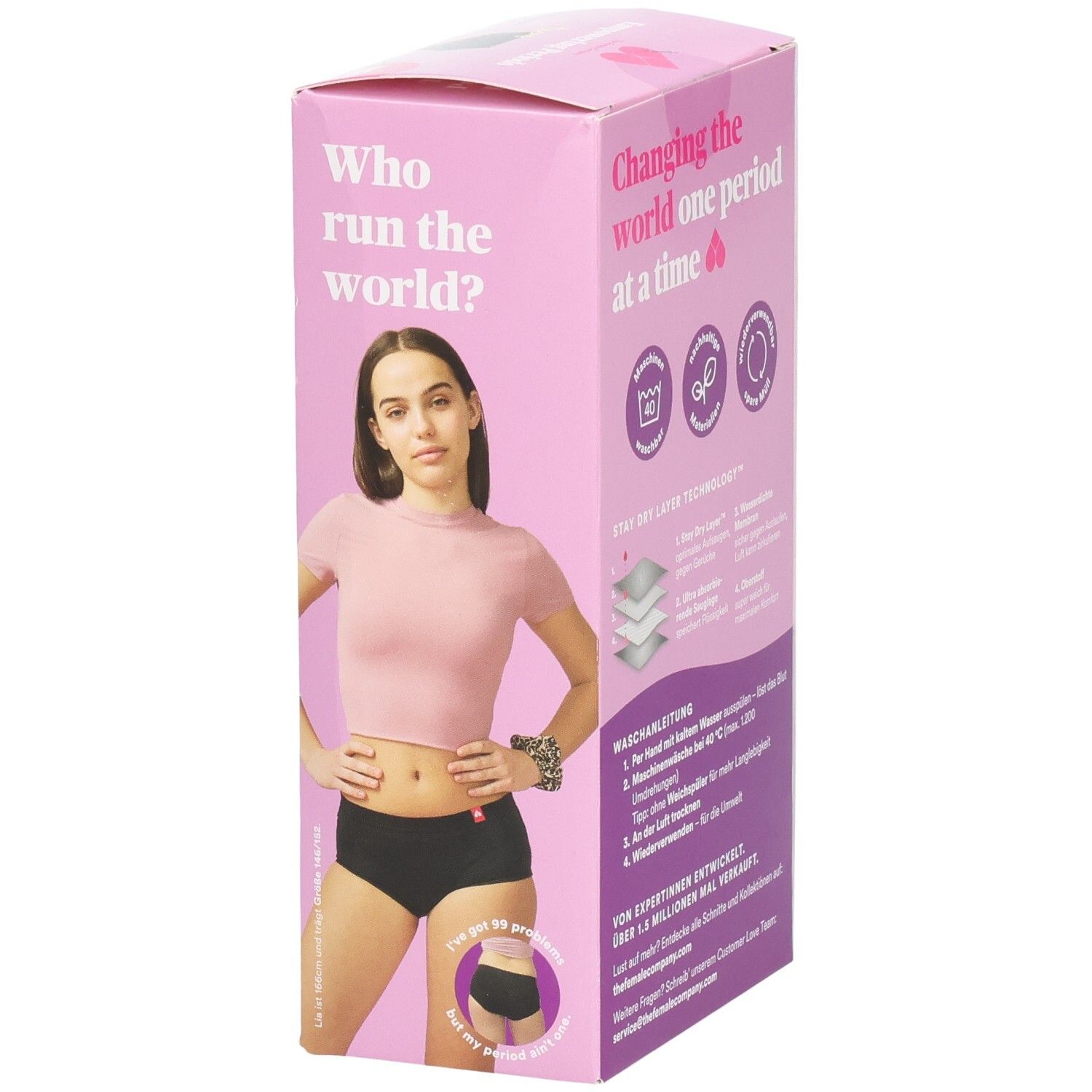 Verpackung der Periodenunterwäsche. Rosa Box mit Text und Model. Schwarze Unterwäsche im Fenster.