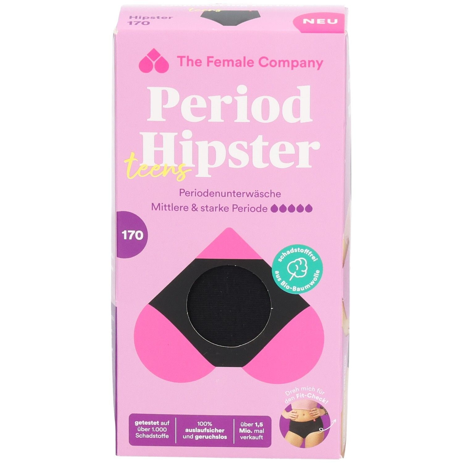 Verpackung der Periodenunterwäsche. Rosa Box mit Produktabbildung und Text. Schwarze Unterwäsche im Fenster.