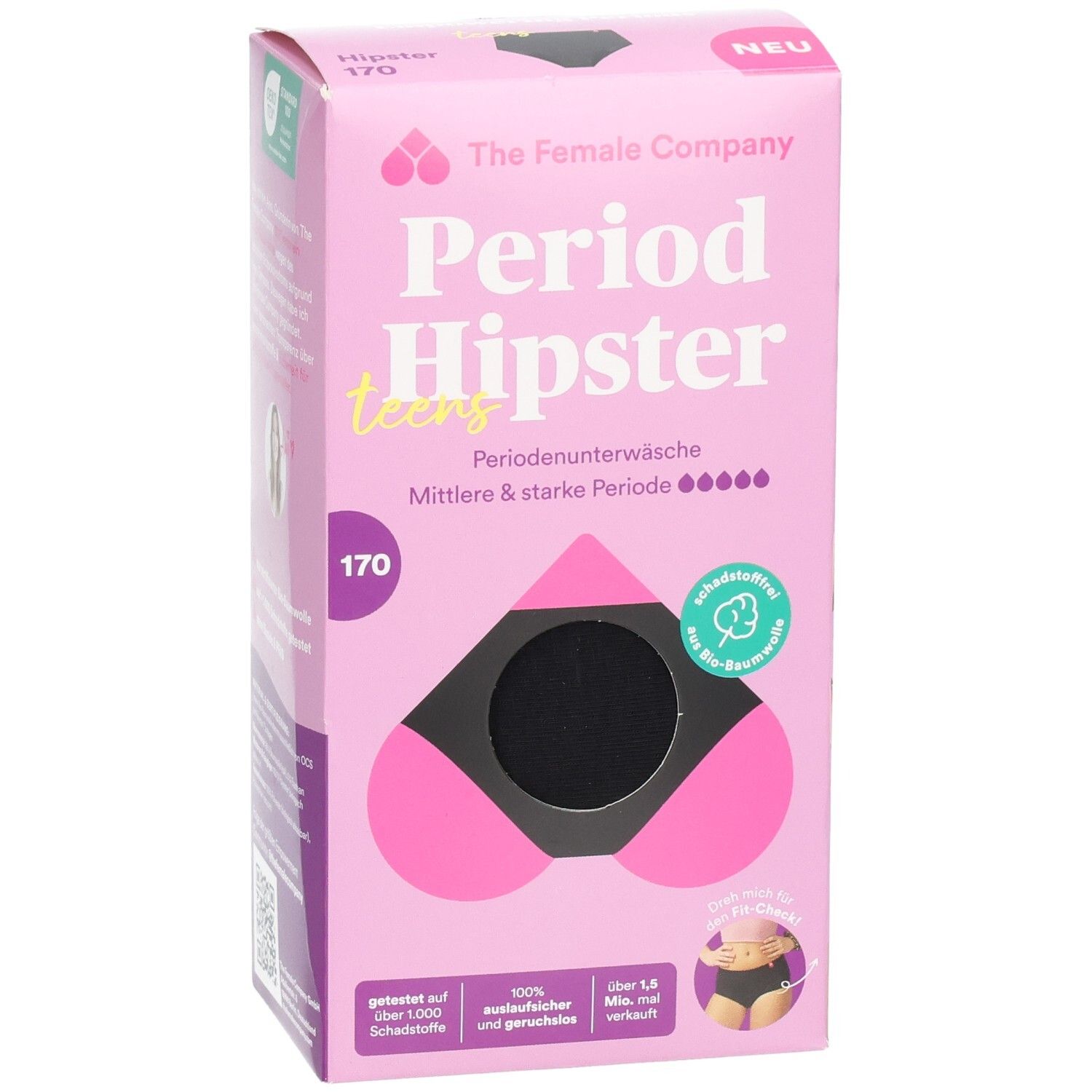 Verpackung der Periodenunterwäsche. Rosa Box mit Produktabbildung und Text. Schwarze Unterwäsche im Fenster.