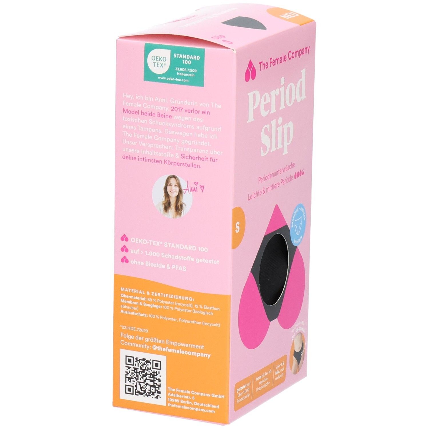 Rosa Verpackung mit schwarzem Periodenslip. Aufdruck: The Female Company, Period Slip, Größe S. Oeko-Tex Standard 100 Zertifikat.