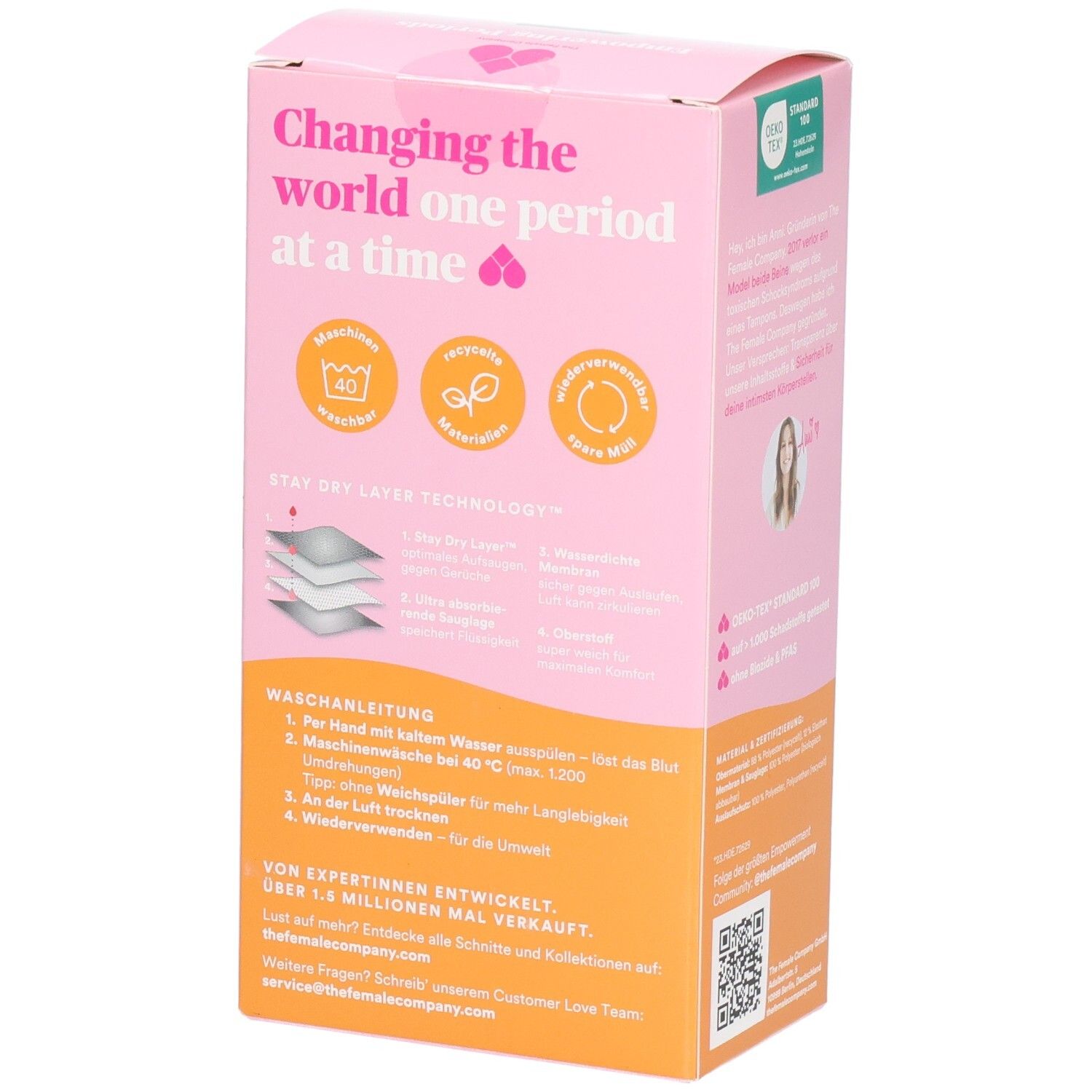 Rosa Verpackung mit schwarzem Periodenslip. Aufdruck: Waschhinweise, Stay Dry Layer Technologie, Recycling-Symbole. Text in Deutsch.