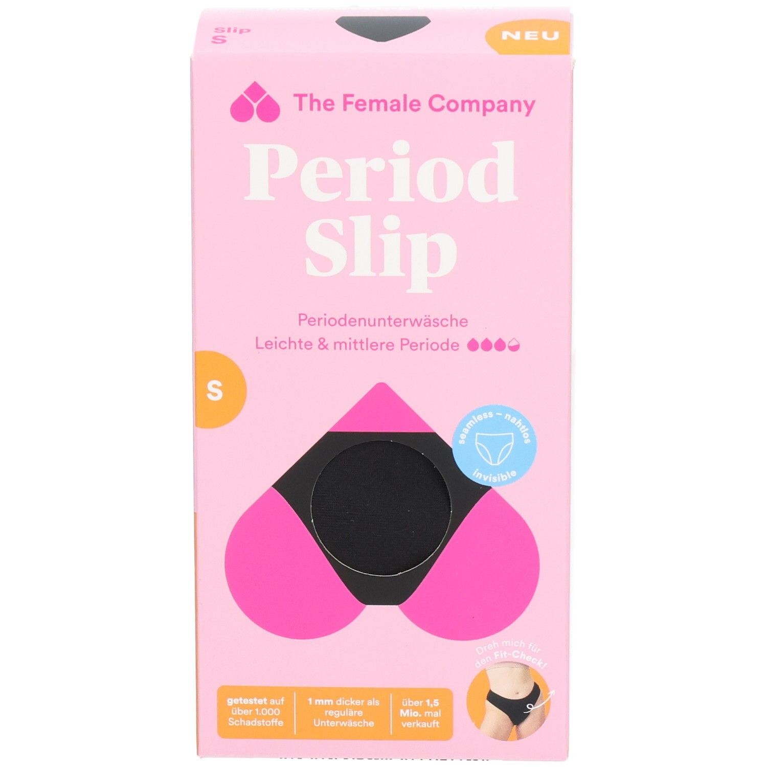 Rosa Verpackung mit schwarzem Periodenslip. Aufdruck: The Female Company, Period Slip, Größe S. Abbildung des Slips.