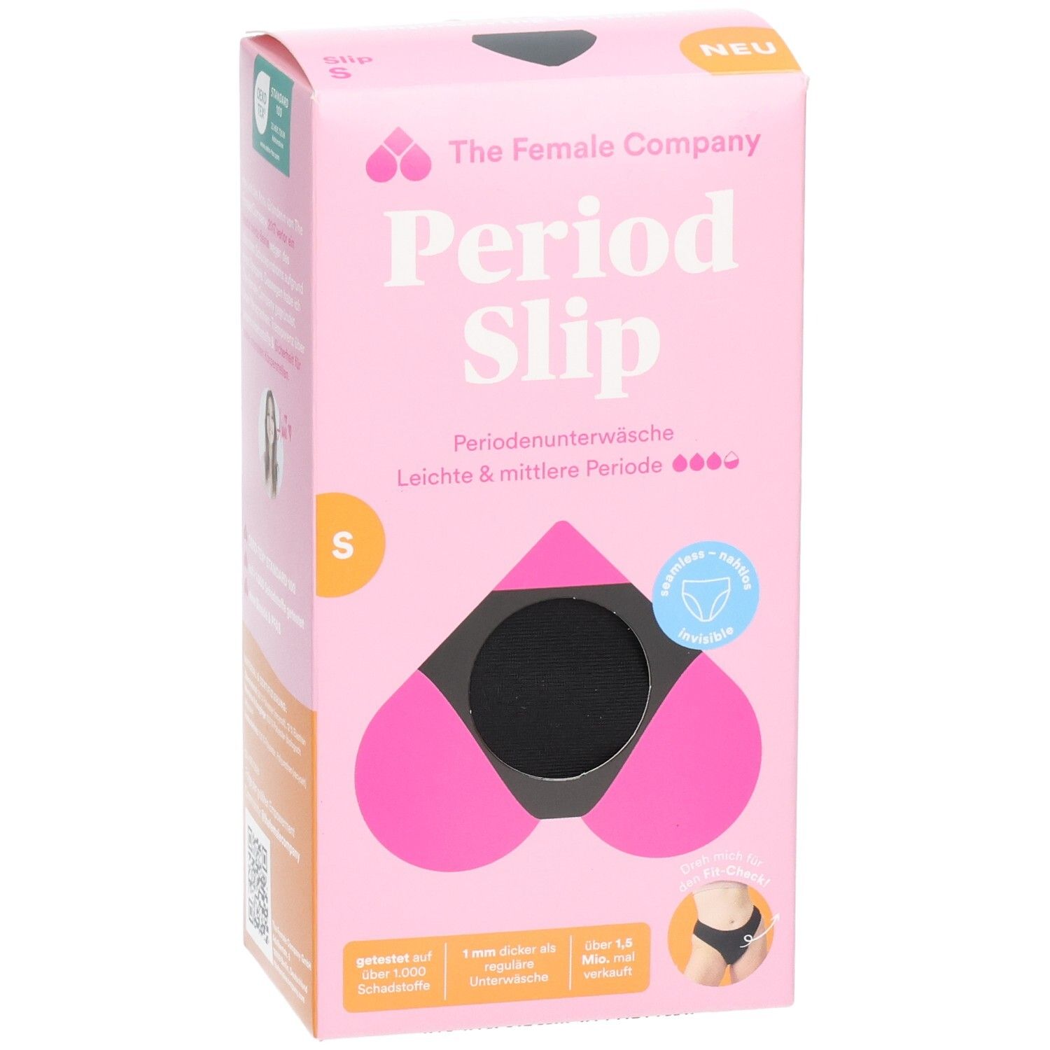Rosa Verpackung mit schwarzem Periodenslip. Aufdruck: The Female Company, Period Slip, Größe S. Abbildung des Slips.