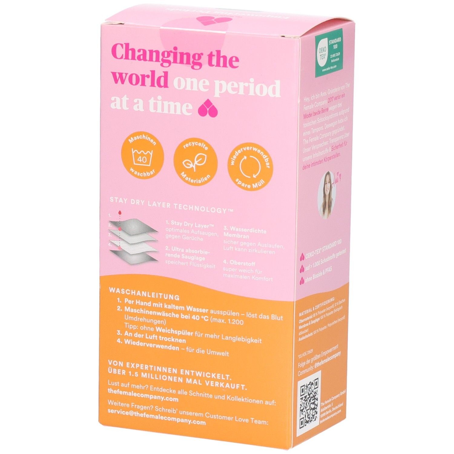 Rosa Verpackung. Text: Changing the world one period at a time. Waschsymbole. Text: Stay dry layer technology. Waschhinweise. Von Expertinnen entwickelt.
