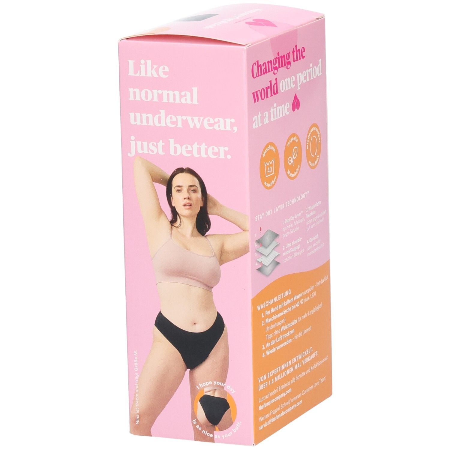 Rosa Verpackung. Modelldarstellung. Text: Like normal underwear, just better. Text: Changing the world one period at a time. Waschsymbole.