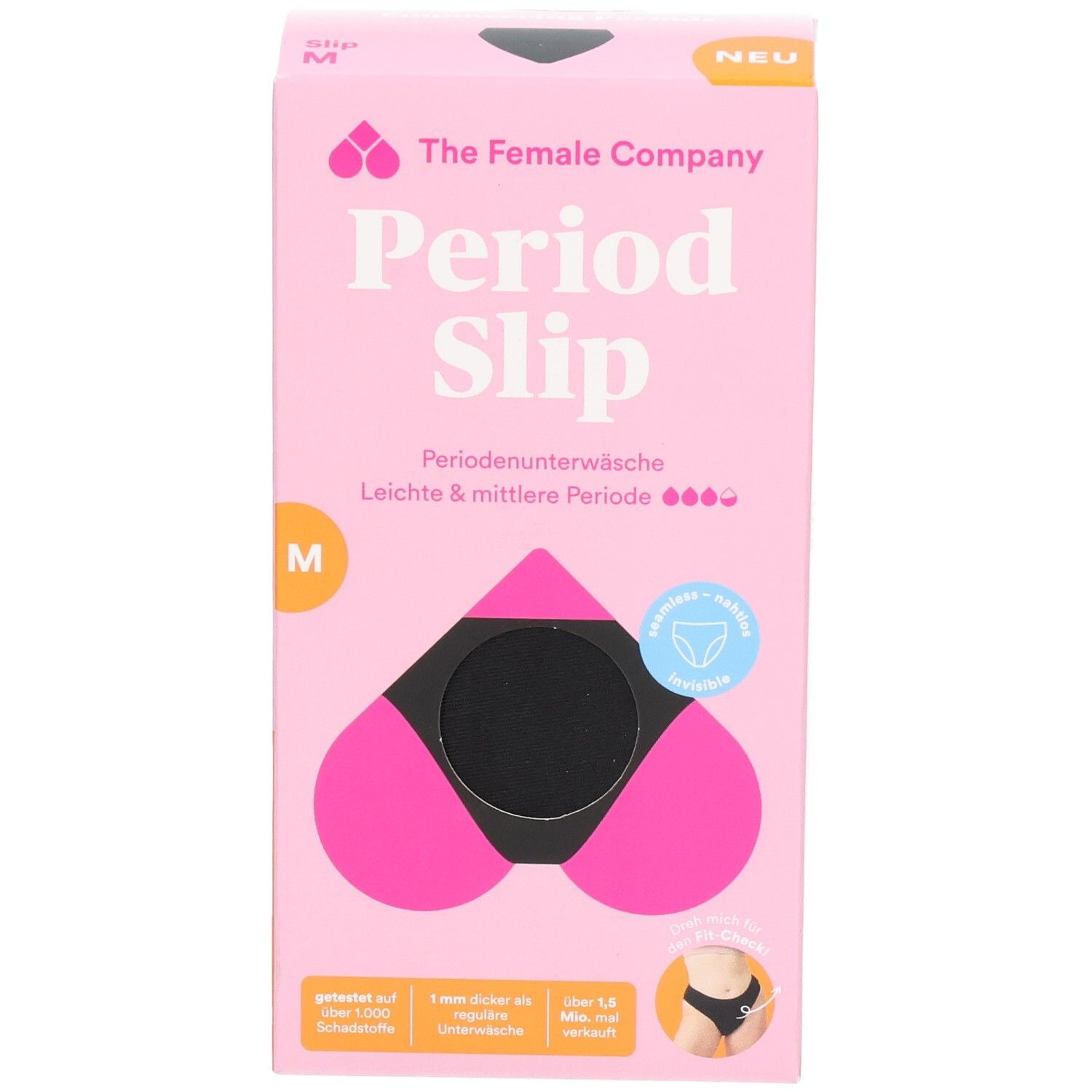 Rosa Verpackung. The Female Company Period Slip, Größe M. Schwarzer Slip-Ausschnitt. Text: Periodenunterwäsche. Leichte & mittlere Periode. Neu.