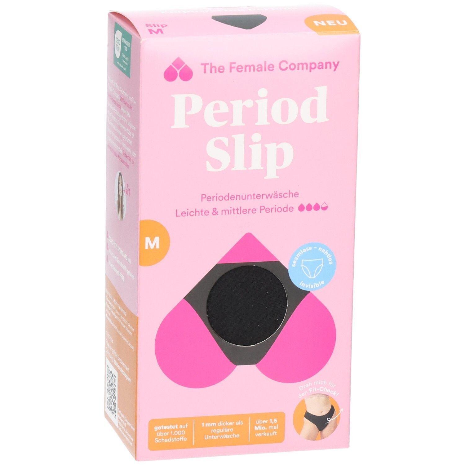 Rosa Verpackung. The Female Company Period Slip, Größe M. Schwarzer Slip-Ausschnitt. Text: Periodenunterwäsche. Leichte & mittlere Periode. Neu.