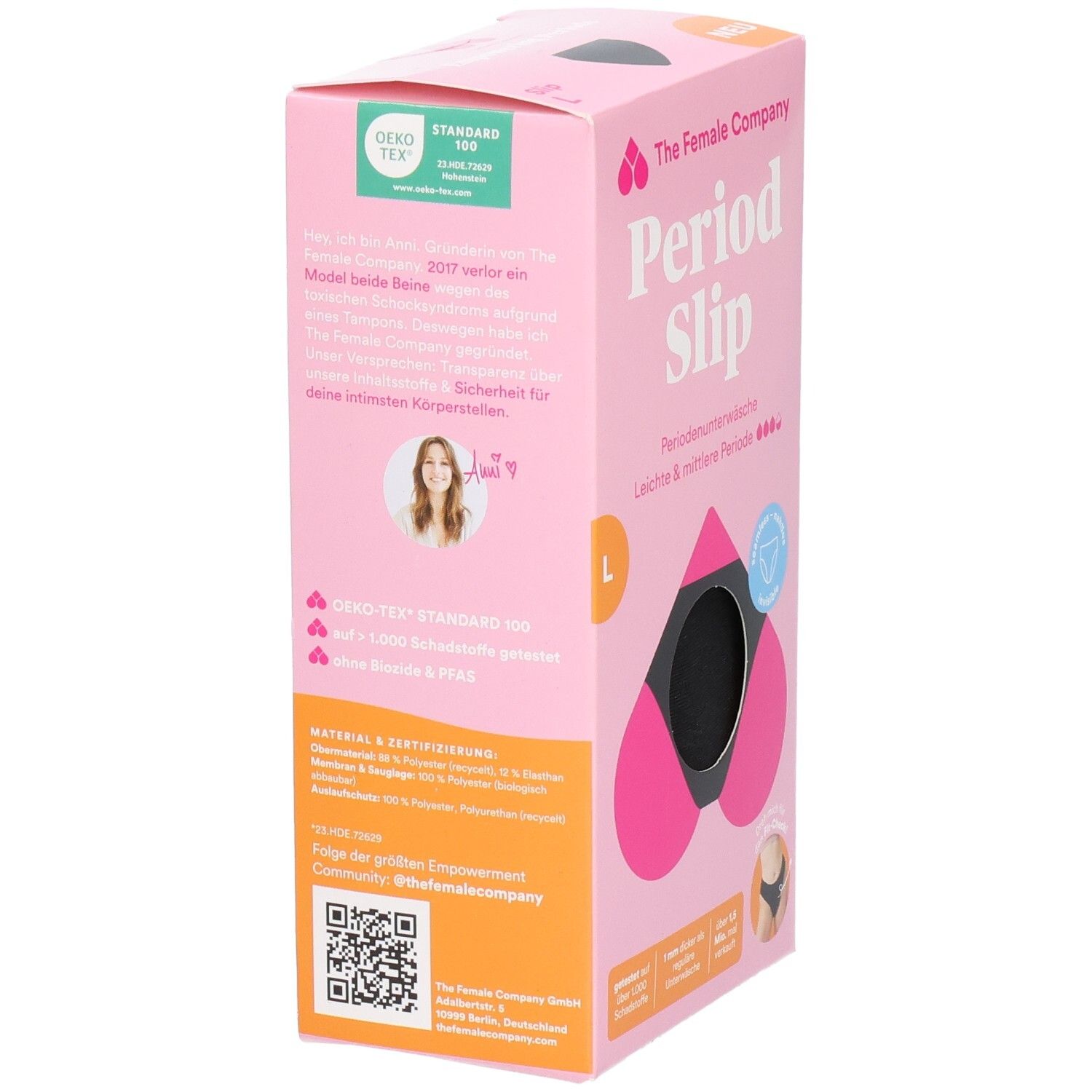 Rosa Verpackung. Aufdruck: The Female Company Period Slip, Größe L. Oeko-Tex Standard 100 Zertifizierung. Text und QR-Code.