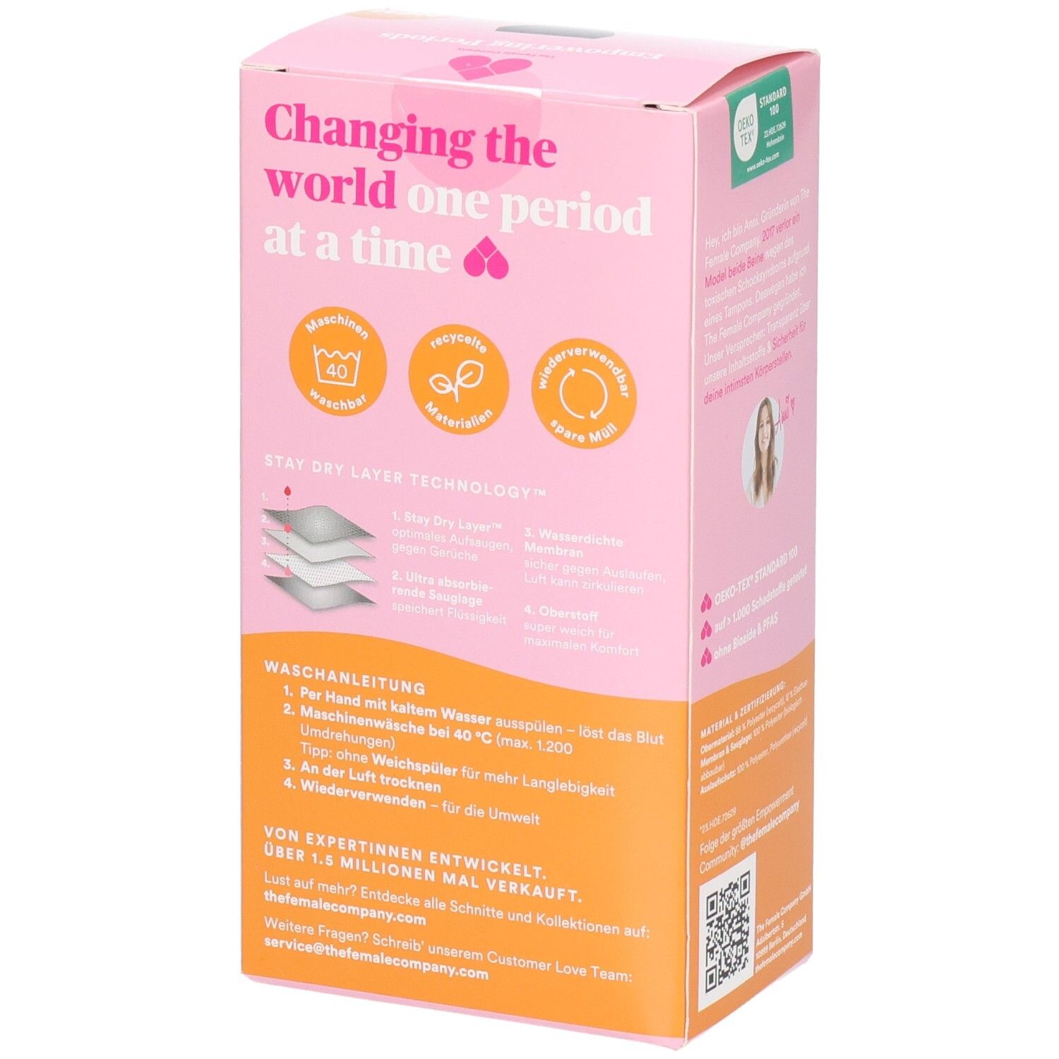 Rosa Verpackung. Text: Waschhinweise, Stay Dry Layer Technologie, Waschsymbole. Text: Von Expertinnen entwickelt, über 1,5 Mio. mal verkauft.