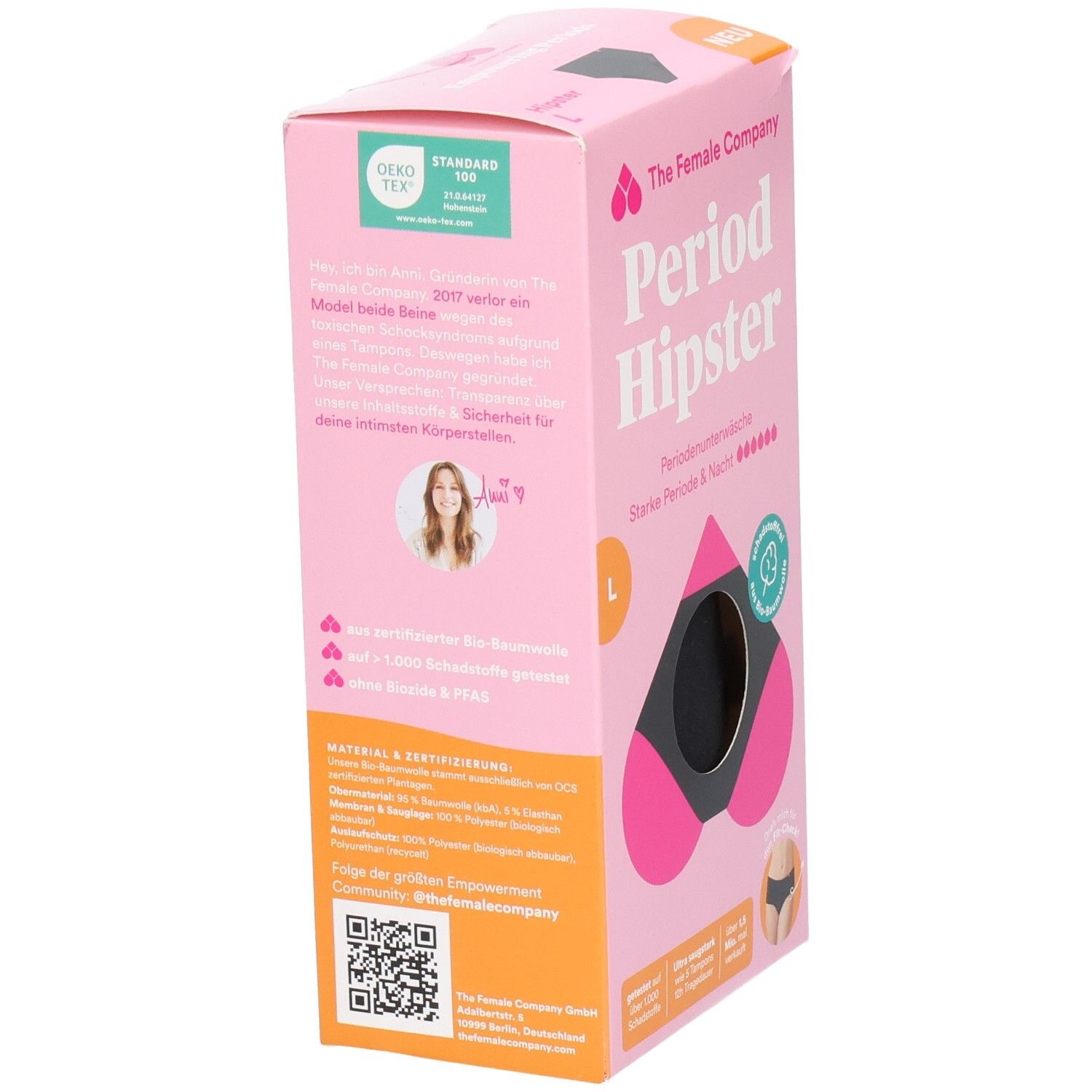 Rosa Verpackung. Text: The Female Company, Period Hipster, Größe L. Zertifizierungen. Abbildung einer Frau. Schwarzer Slip.