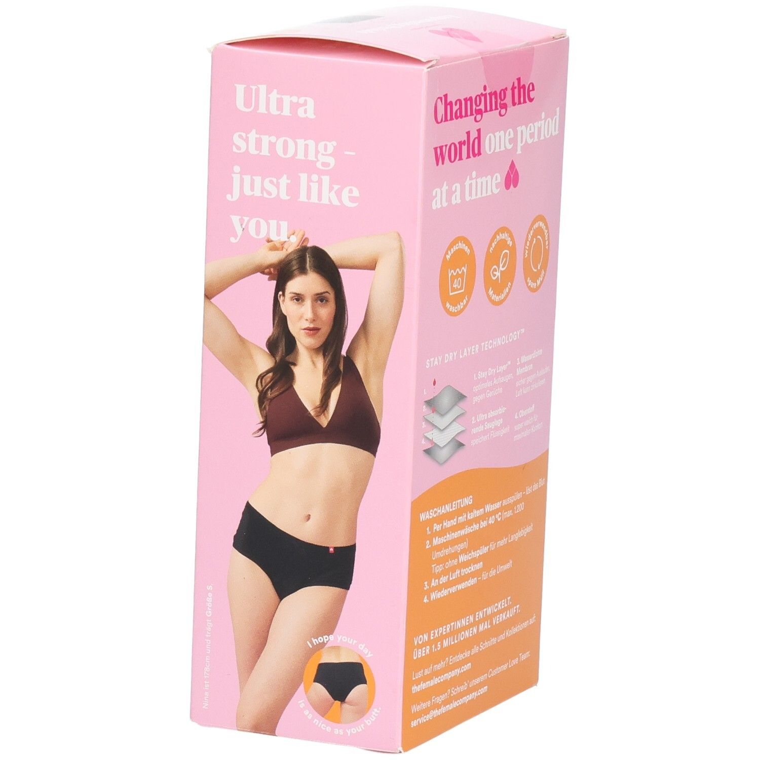 Rosa Verpackung. Text: The Female Company, Period Hipster, Größe L. Abbildung einer Frau. Schwarzer Slip. Produktinformationen.