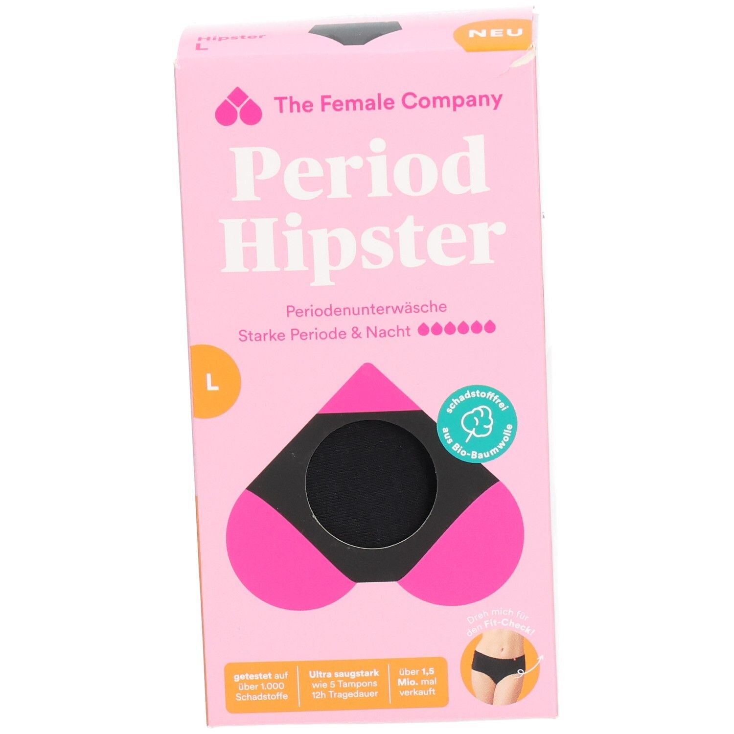 Rosa Verpackung. Schwarzer Periodenslip in Herzform. Text: The Female Company, Period Hipster, Größe L. Öko-Siegel.
