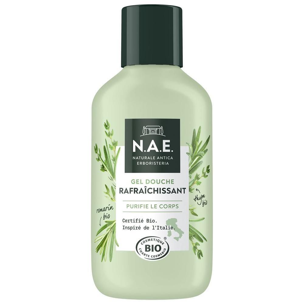 Grünes Duschgel mit dunkelgrünem Deckel. Aufschrift: N.A.E. Gel Douche Rafraîchissant. Bio-Zertifizierung. Italienische Flagge.