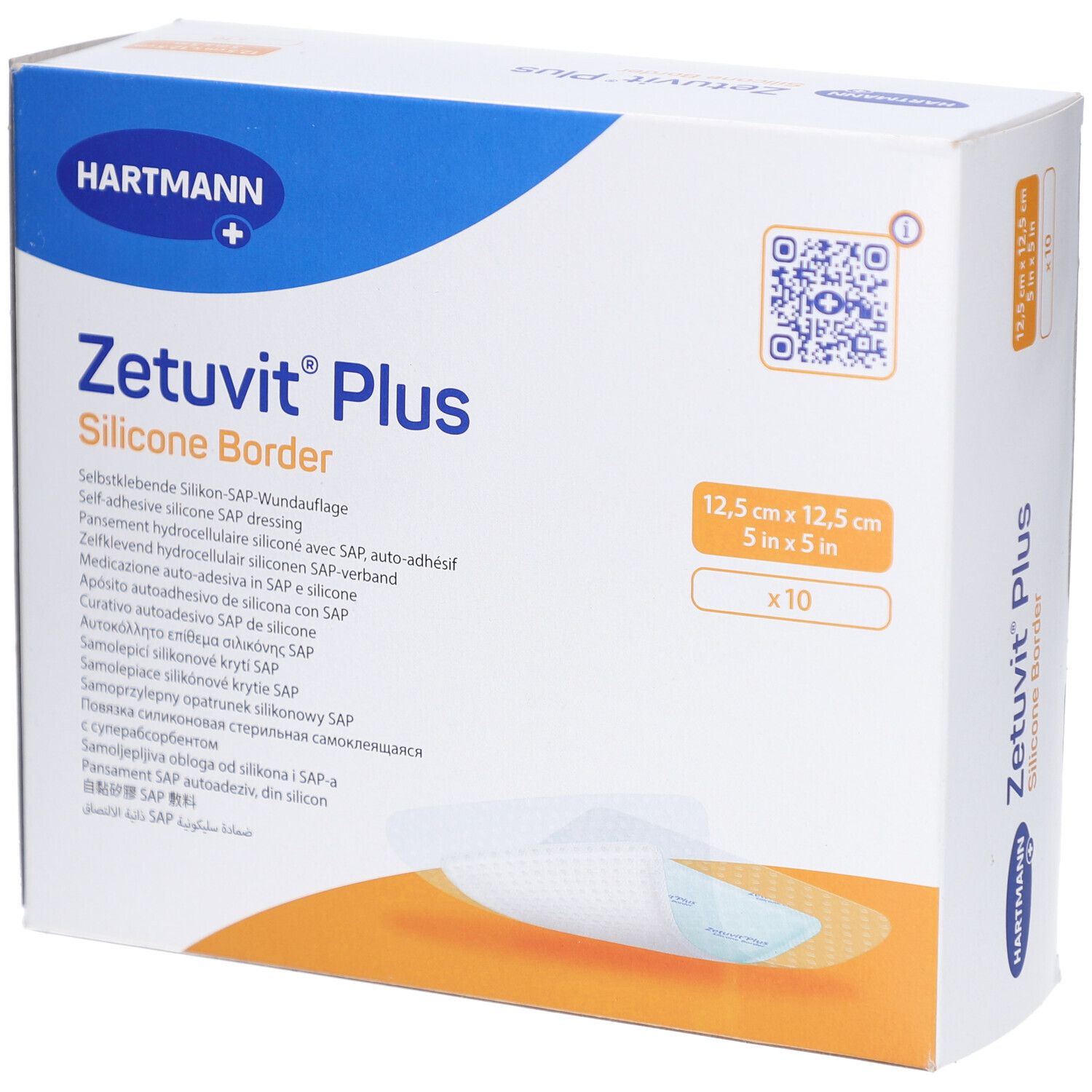 Boîte de ZETUVIT Plus Silicone Border, 12,5 x 12,5 cm, 10 pièces. Marque HARTMANN. Inscriptions multilingues.