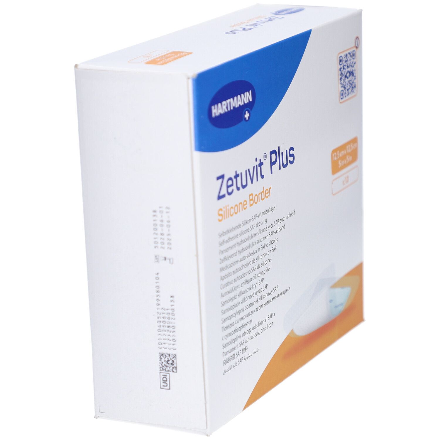 Vue latérale de la boîte de ZETUVIT Plus Silicone Border. Marque HARTMANN. Texte multilingue.