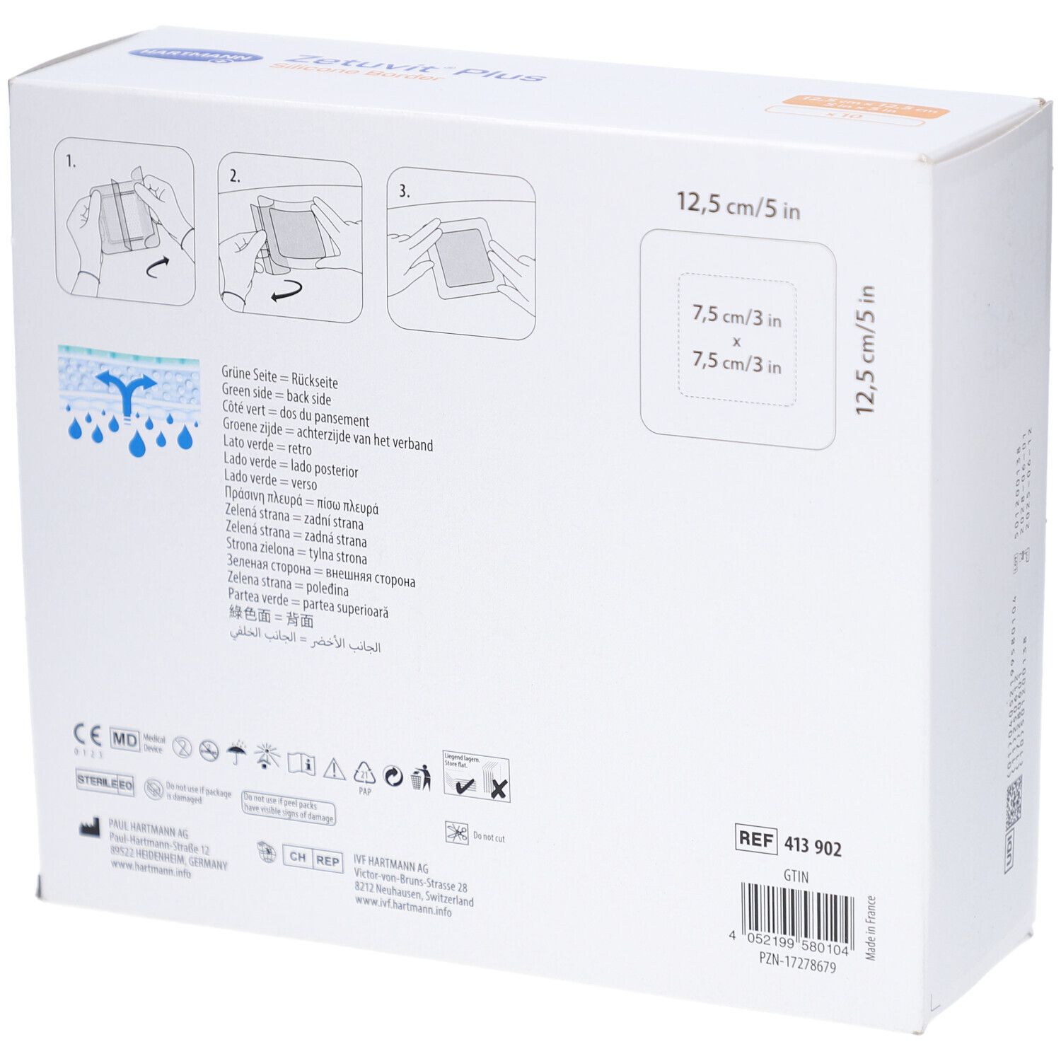 Dos de la boîte de ZETUVIT Plus Silicone Border. Illustrations d'utilisation. Indications de taille. Numéro REF.