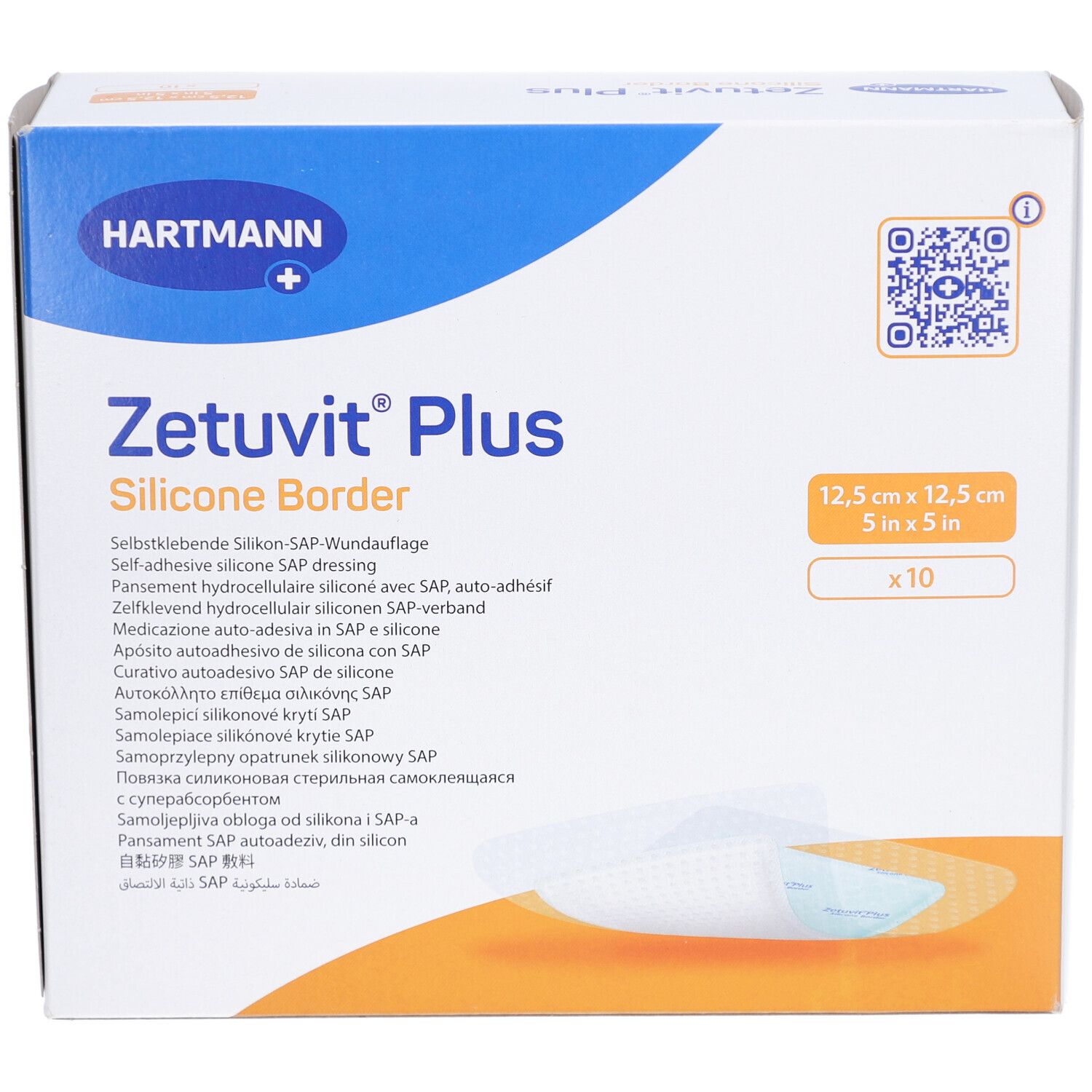 Boîte de ZETUVIT Plus Silicone Border, 12,5 x 12,5 cm, 10 pièces. Marque HARTMANN. Inscriptions multilingues.