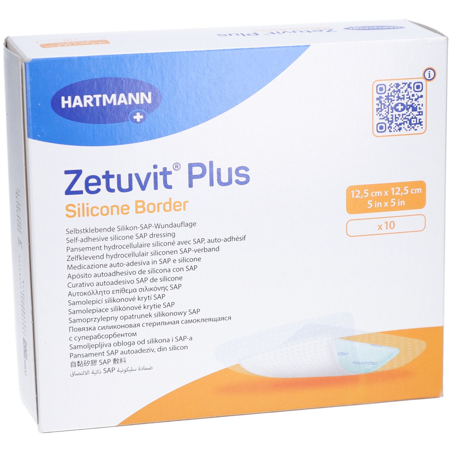 Boîte de ZETUVIT Plus Silicone Border, 12,5 x 12,5 cm, 10 pièces. Marque HARTMANN. Inscriptions multilingues.