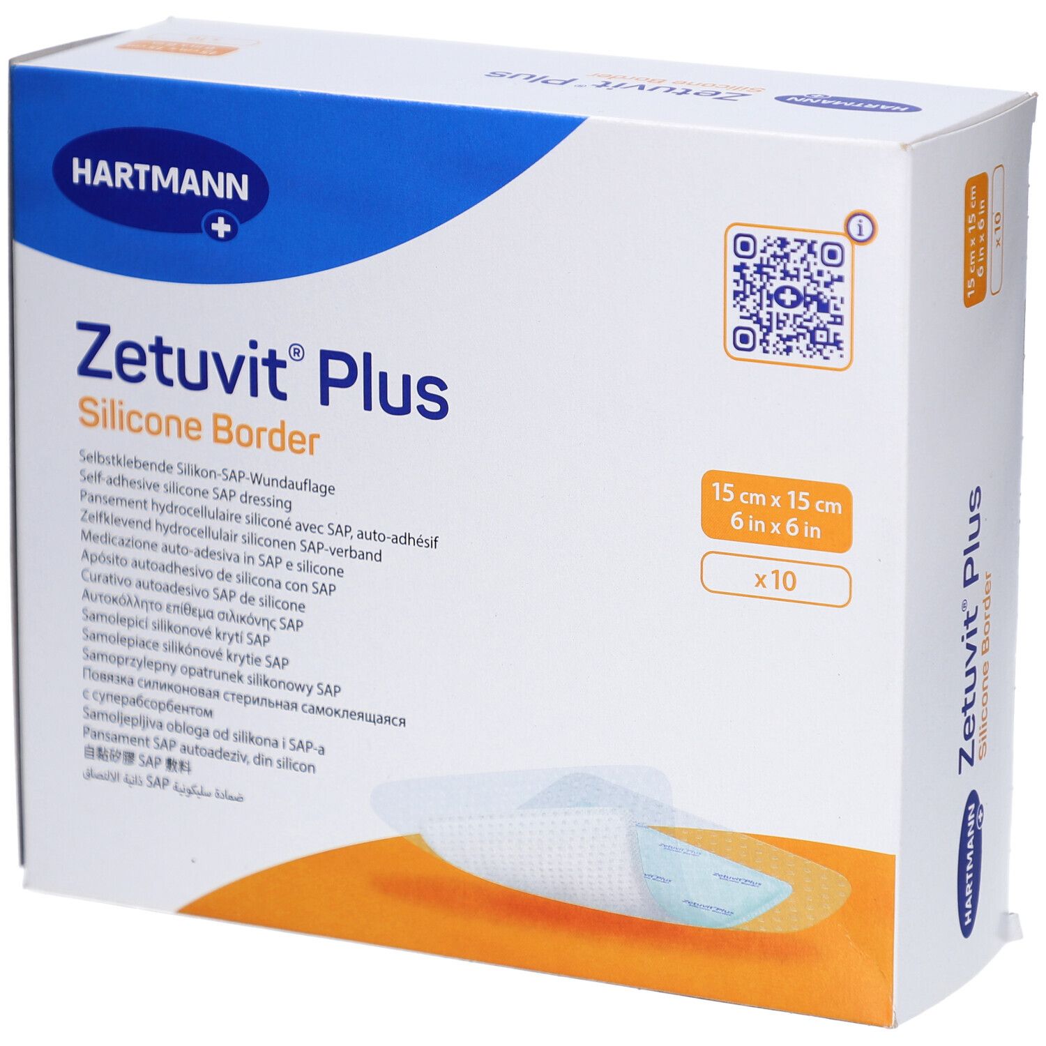 Verpackung von HARTMANN Zetuvit® Plus Silicone Border. 15 x 15 cm, 10 Stück. Produktname und Marke deutlich sichtbar.