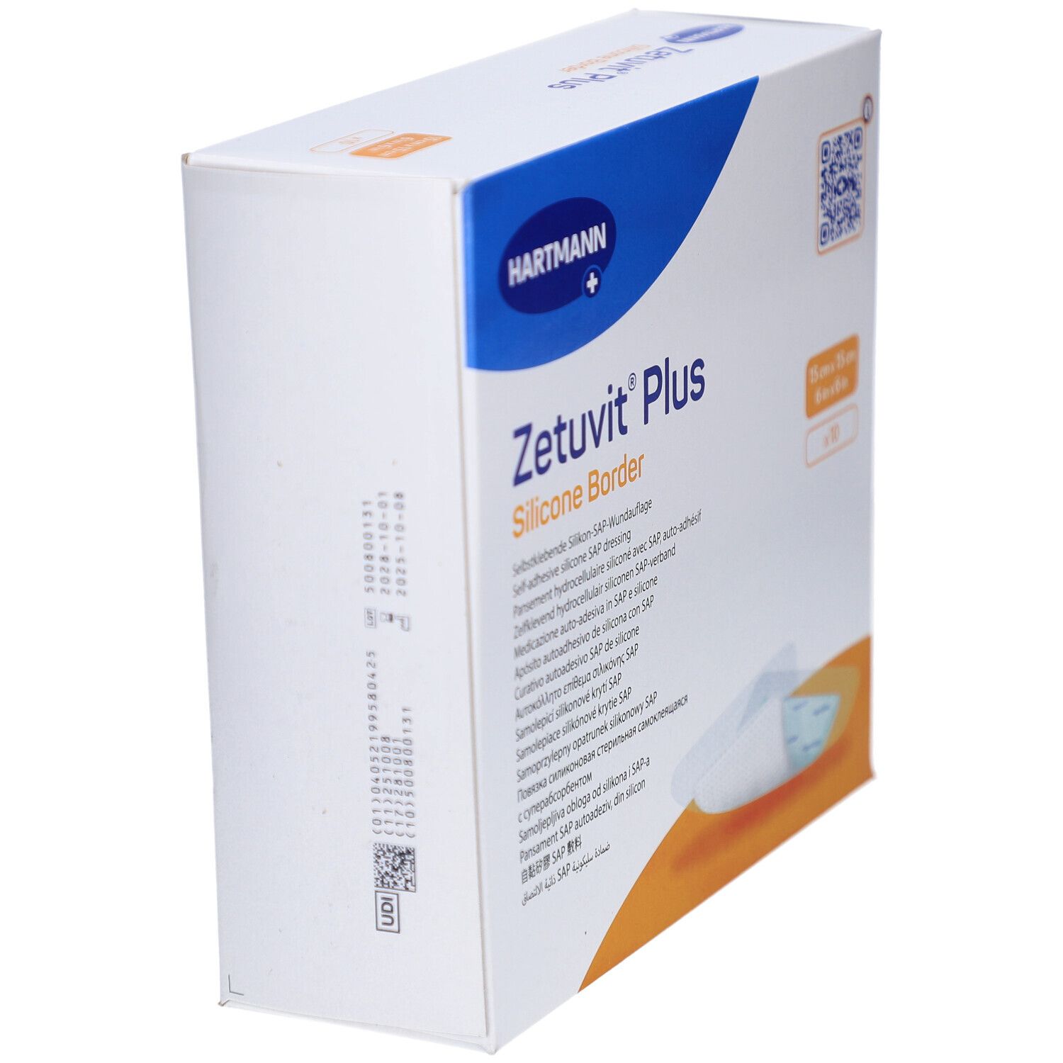 Seitenansicht der Verpackung von HARTMANN Zetuvit® Plus Silicone Border. Produktname und Marke sichtbar.