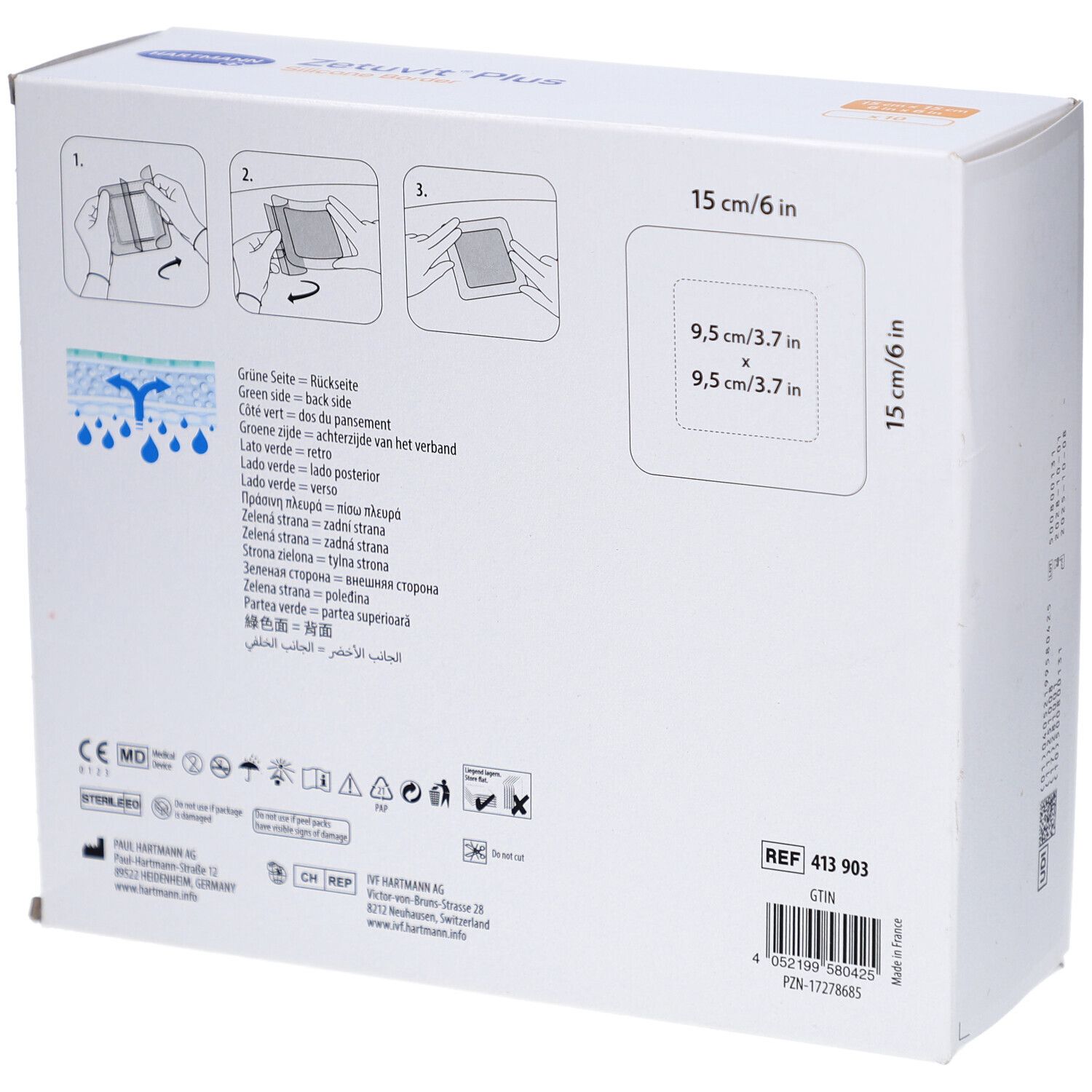 Rückseite der Verpackung von HARTMANN Zetuvit® Plus Silicone Border. Produktinformationen und Abbildungen.