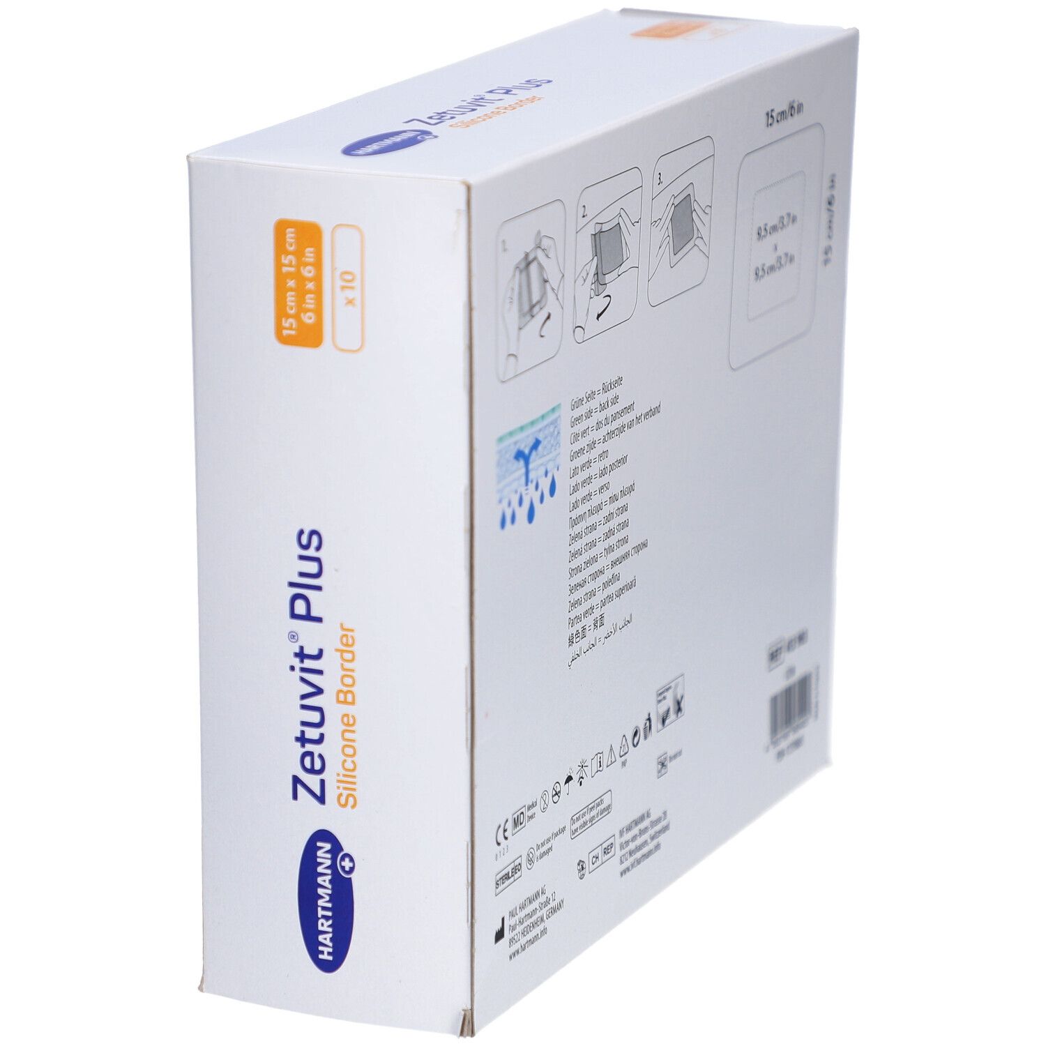 Schrägansicht der Verpackung von HARTMANN Zetuvit® Plus Silicone Border. Produktname und Marke sichtbar.