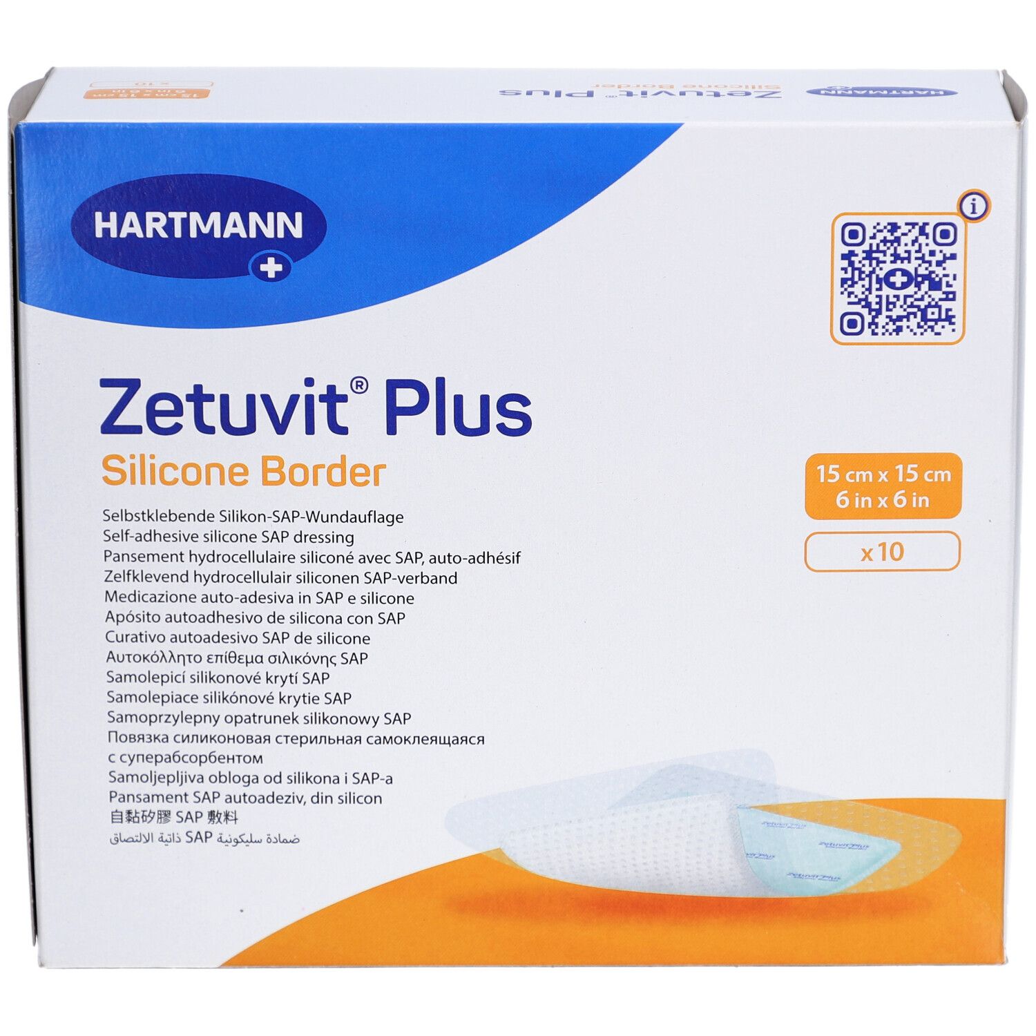 Verpackung von HARTMANN Zetuvit® Plus Silicone Border. 15 x 15 cm, 10 Stück. Produktname und Marke deutlich sichtbar.