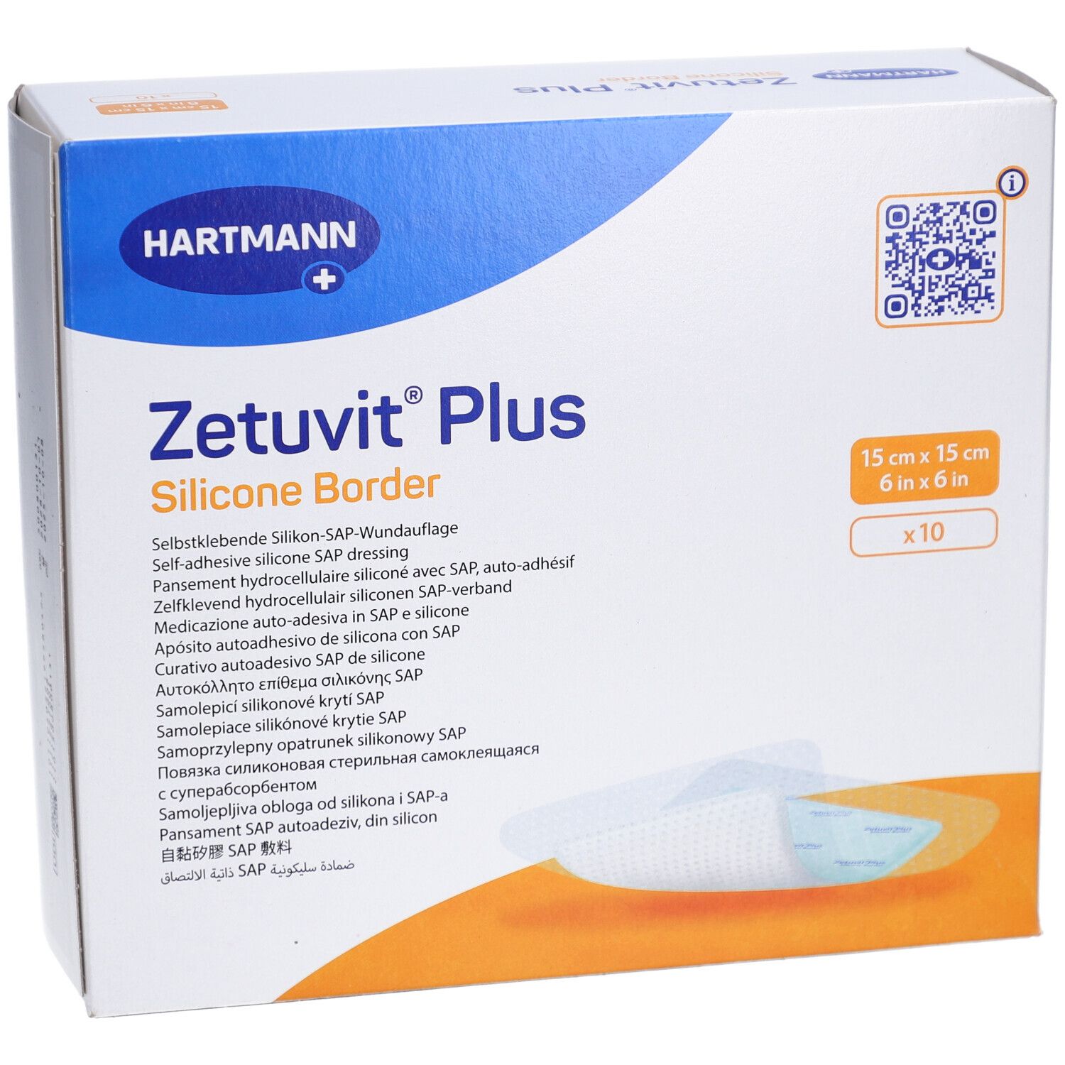 Verpackung von HARTMANN Zetuvit® Plus Silicone Border. 15 x 15 cm, 10 Stück. Produktname und Marke deutlich sichtbar.