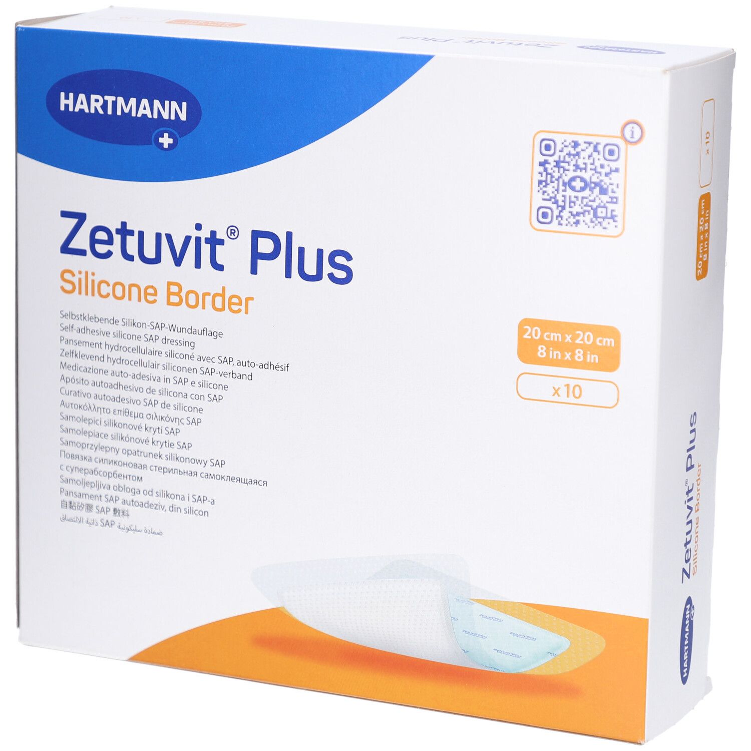 Verpackung von HARTMANN Zetuvit® Plus Silicone Border. Zeigt Produktname, Größe 20x20 cm, und Packungsinhalt: 10 Stück.