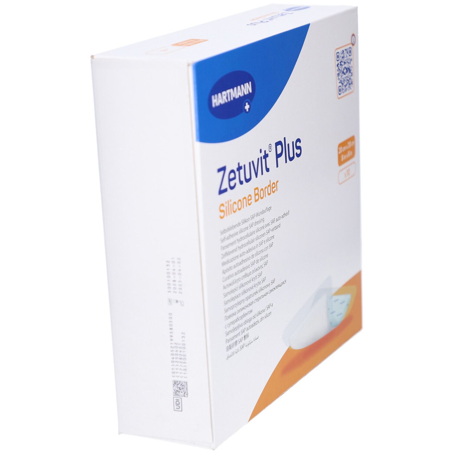Schrägansicht der Verpackung von HARTMANN Zetuvit® Plus Silicone Border. Zeigt Produktname und Logo.