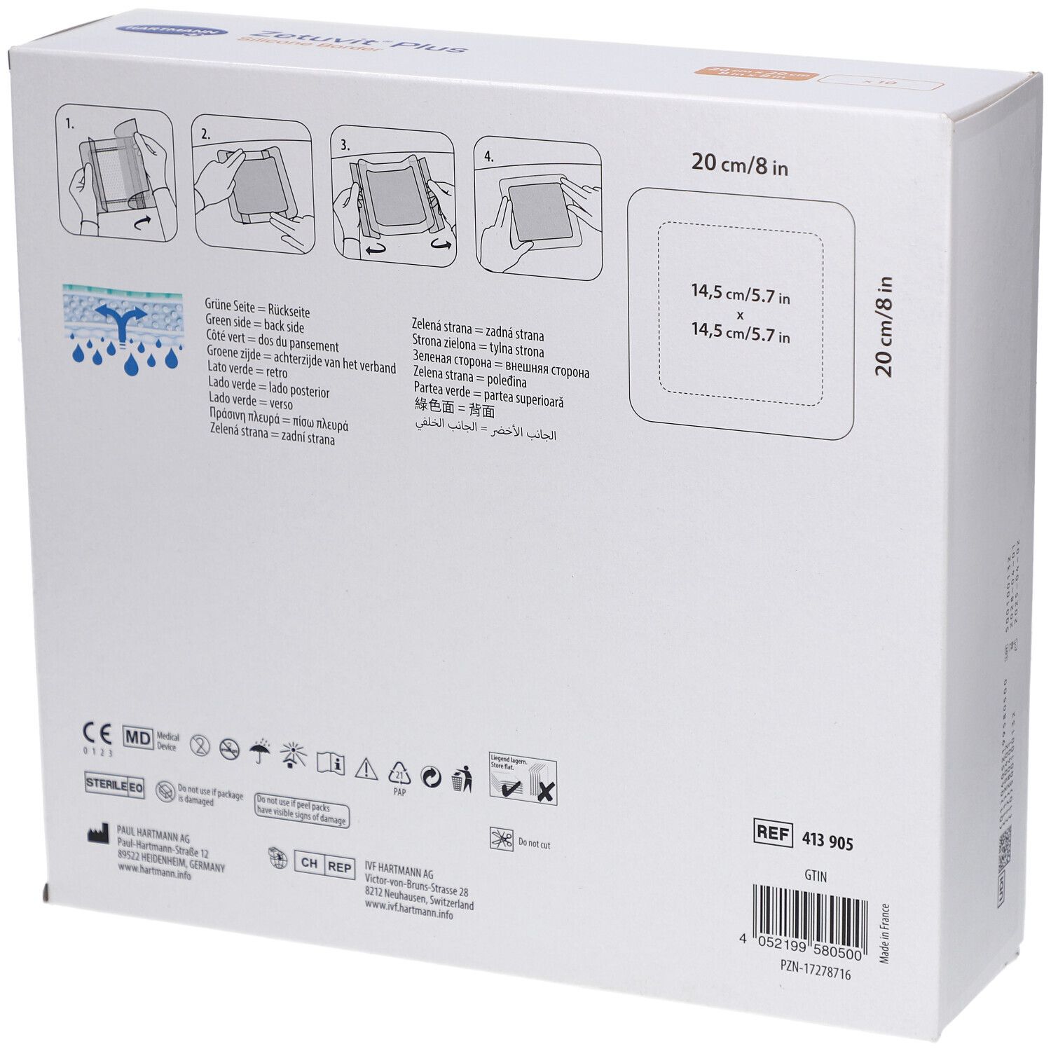 Rückseite der Verpackung von HARTMANN Zetuvit® Plus Silicone Border. Zeigt Anwendungsanleitung und Produktinformationen.