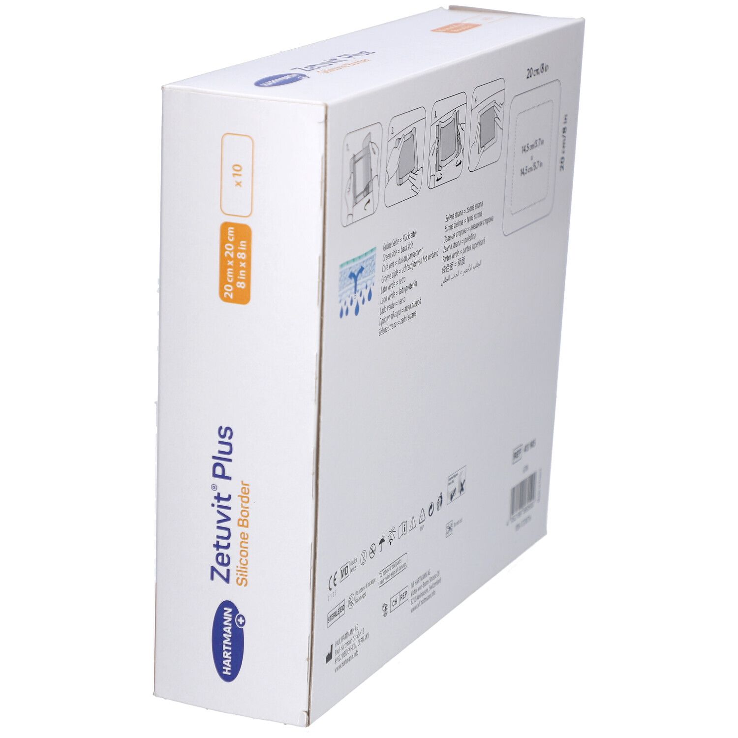 Schrägansicht der Verpackung von HARTMANN Zetuvit® Plus Silicone Border. Zeigt Produktname, Größe und Packungsinhalt.