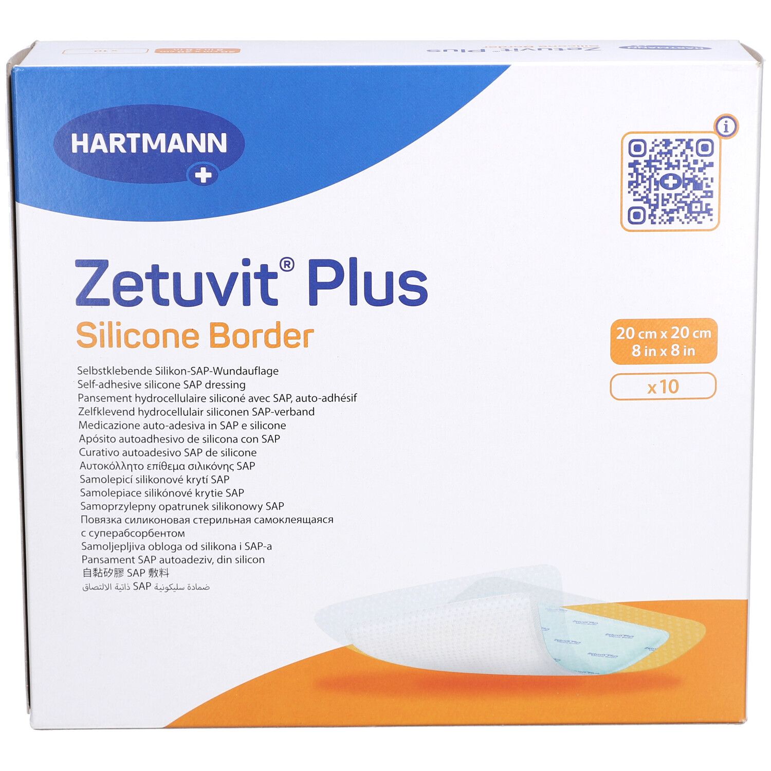 Verpackung von HARTMANN Zetuvit® Plus Silicone Border. Zeigt Produktname, Größe 20x20 cm, und Packungsinhalt: 10 Stück.