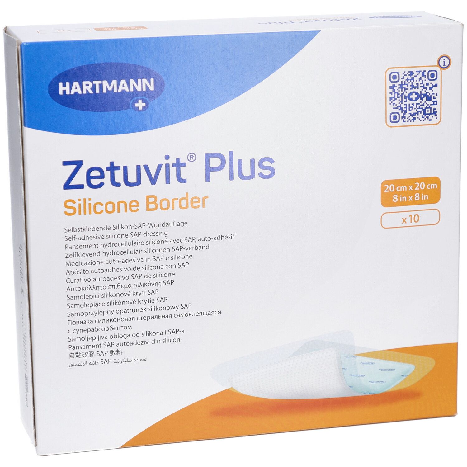 Verpackung von HARTMANN Zetuvit® Plus Silicone Border. Zeigt Produktname, Größe 20x20 cm, und Packungsinhalt: 10 Stück.