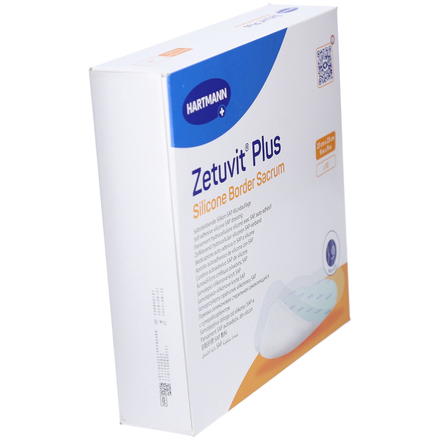 Boîte de ZETUVIT Plus Silicone Border Sacrum en biais. Marque HARTMANN. Nom et caractéristiques du produit sur l'emballage.