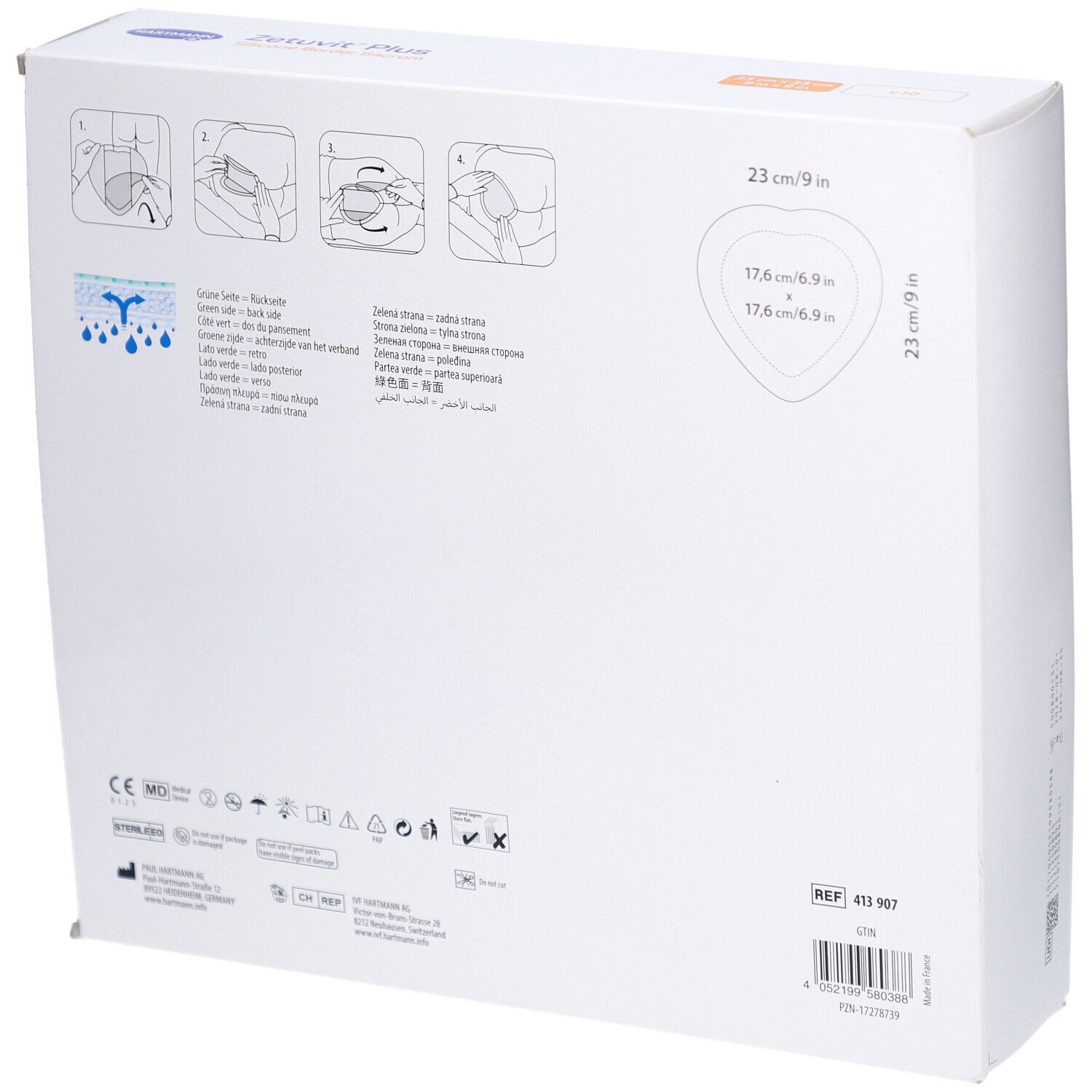 Dos de la boîte ZETUVIT Plus Silicone Border Sacrum. Illustrations d'utilisation. Indication de taille 23 cm x 9 cm.