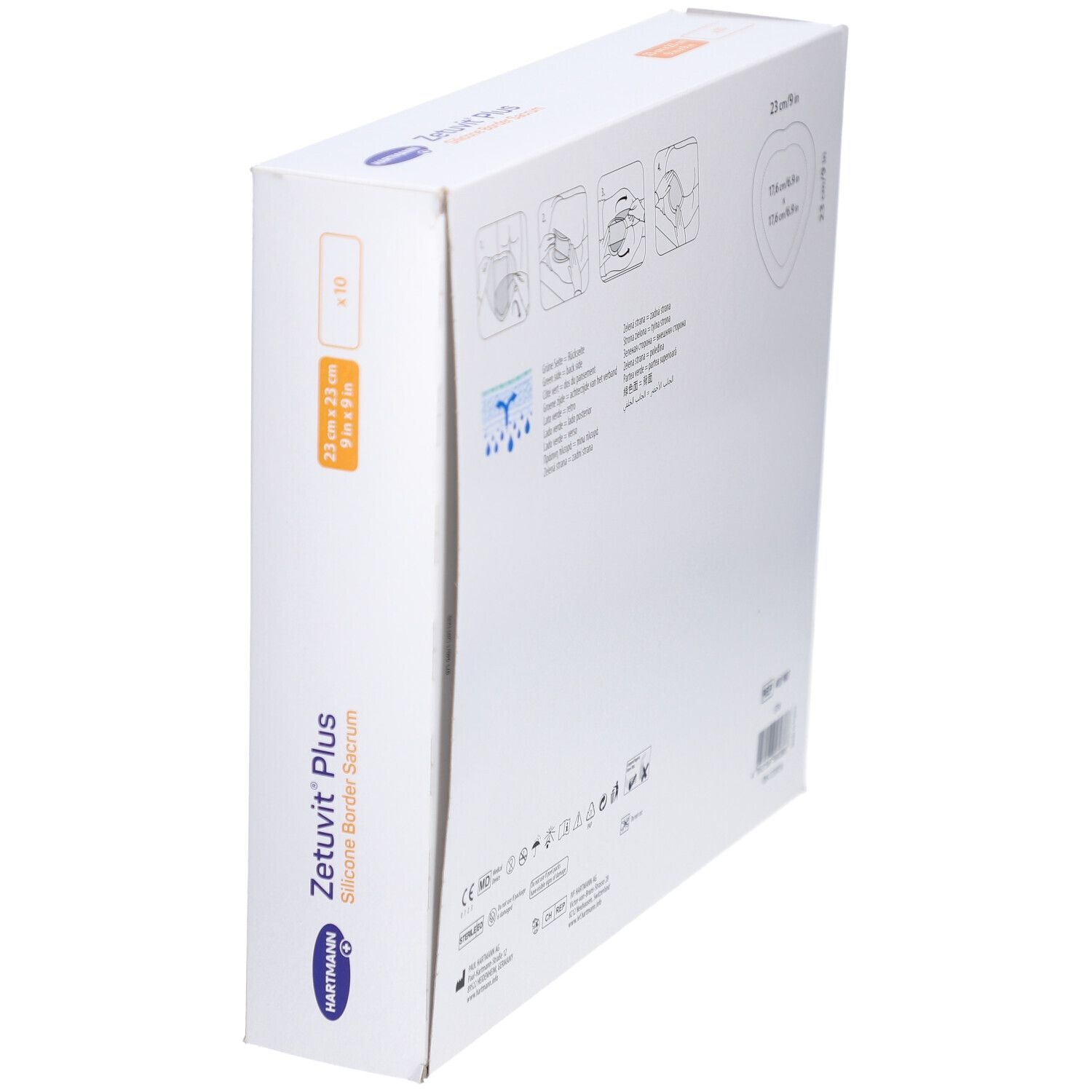 Boîte de ZETUVIT Plus Silicone Border Sacrum en biais. Marque HARTMANN. Indication de taille 23x23cm, 10 pièces.