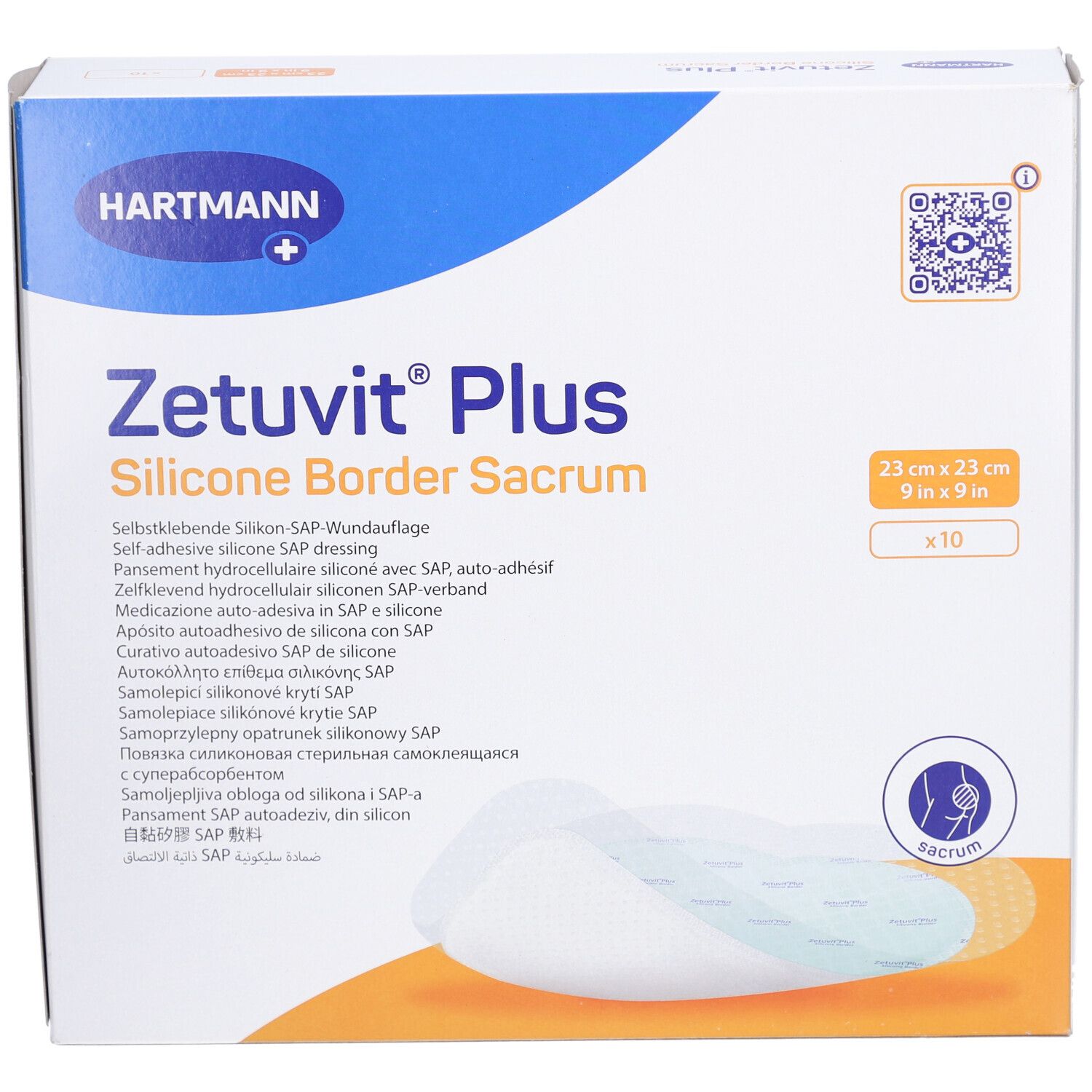 Boîte de ZETUVIT Plus Silicone Border Sacrum. Dimensions 23x23cm, 10 pièces. Marque HARTMANN. Nom et caractéristiques du produit visibles.