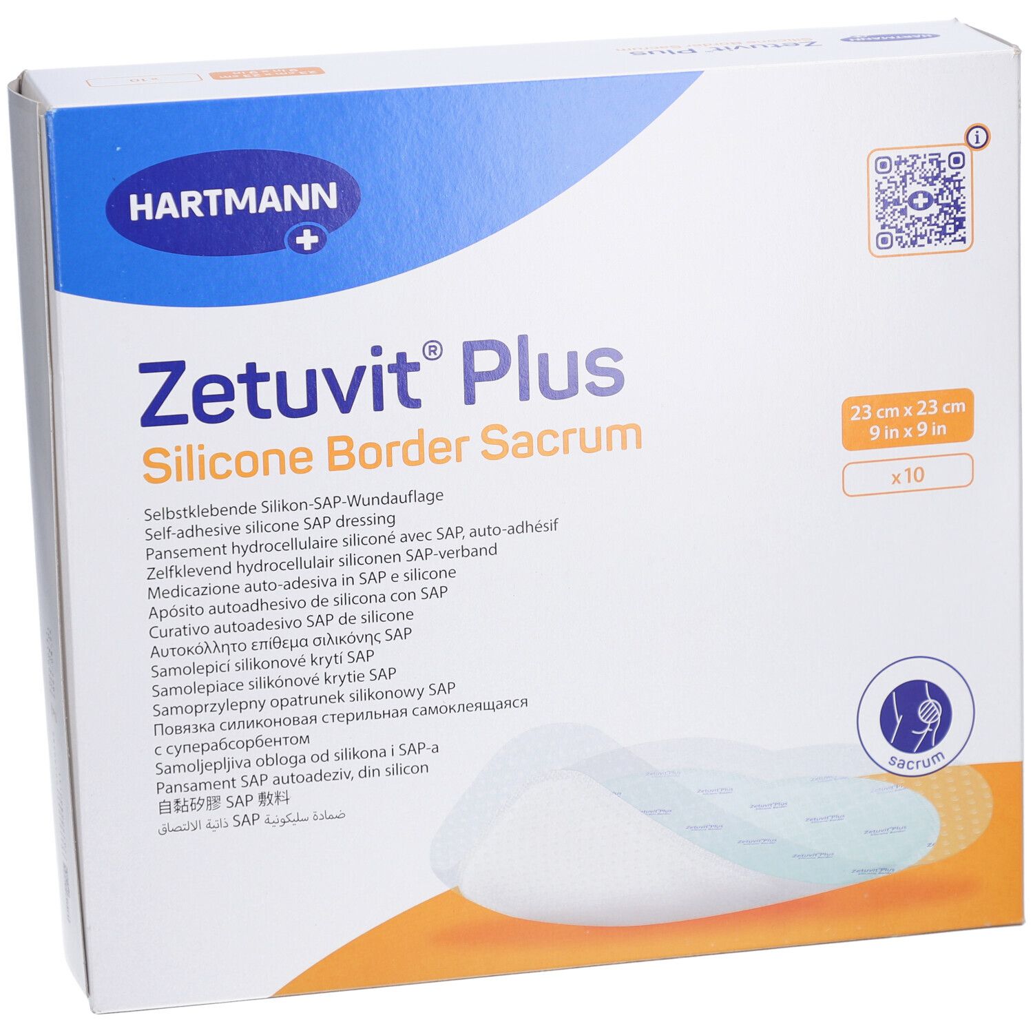 Boîte de ZETUVIT Plus Silicone Border Sacrum. Dimensions 23x23cm, 10 pièces. Marque HARTMANN. Nom et caractéristiques du produit visibles.